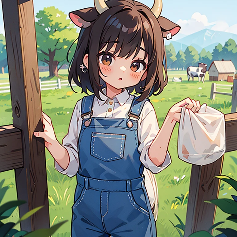 anime 、Holstein cow girl、Wearing overalls on bare skin、Cowshed on a farm、milking、Cow horns、A tag on the earlobe、Adoration、Renovation、Fusion