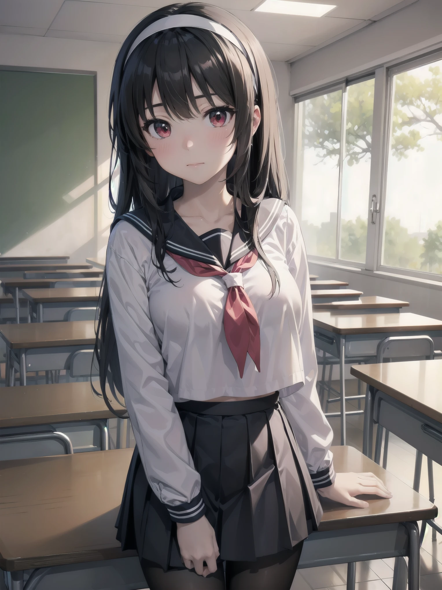 an anime girl standing in an empty room with a phone to her ear, 1girl, solo, , pantyhose, skirt, indoors, hairband, long hair, kasumigaoka utaha, looking at viewer, black hair, red eyes, breasts, blush, pleated skirt, black pantyhose, classroom, white hairband, long sleeves, bangs, neckerchief, closed mouth, desk, sailor collar, serafuku