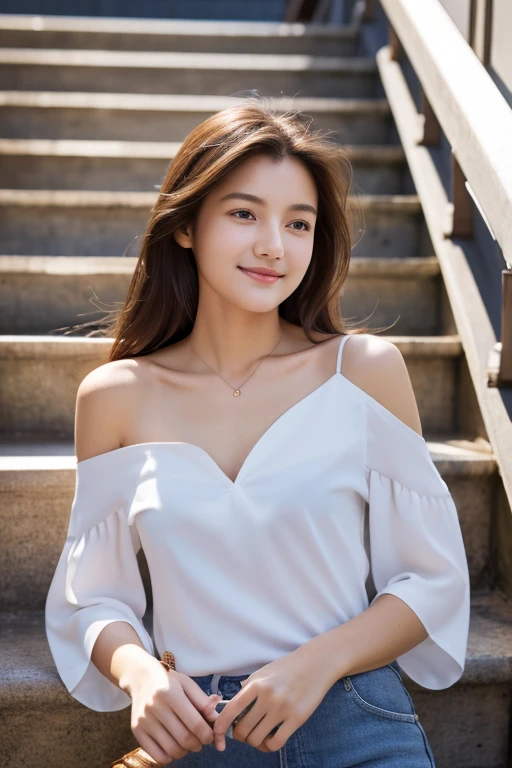 masterpiece, highest quality, Photorealistic, Very detailed, finely, High resolution, 8k wallpaper, Professional, High level of detail, Female college student standing on canvas stairs, Slender Japan woman, ((Look forward)), Collarbone Detail, Medium Chest、Perfect Face, Straight hair, White off-shoulder top with an open neckline、miling Kindly,Bare legs
