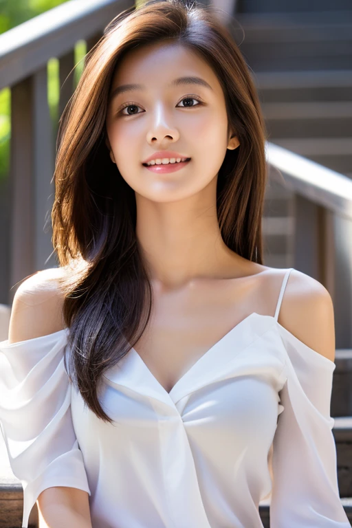 masterpiece, highest quality, Photorealistic, Very detailed, finely, High resolution, 8k wallpaper, Professional, High level of detail, Female college student standing on canvas stairs, Slender Japan woman, ((Look forward)), Collarbone Detail, Medium Chest、Perfect Face, Straight hair, White off-shoulder top with an open neckline、miling Kindly,Bare legs