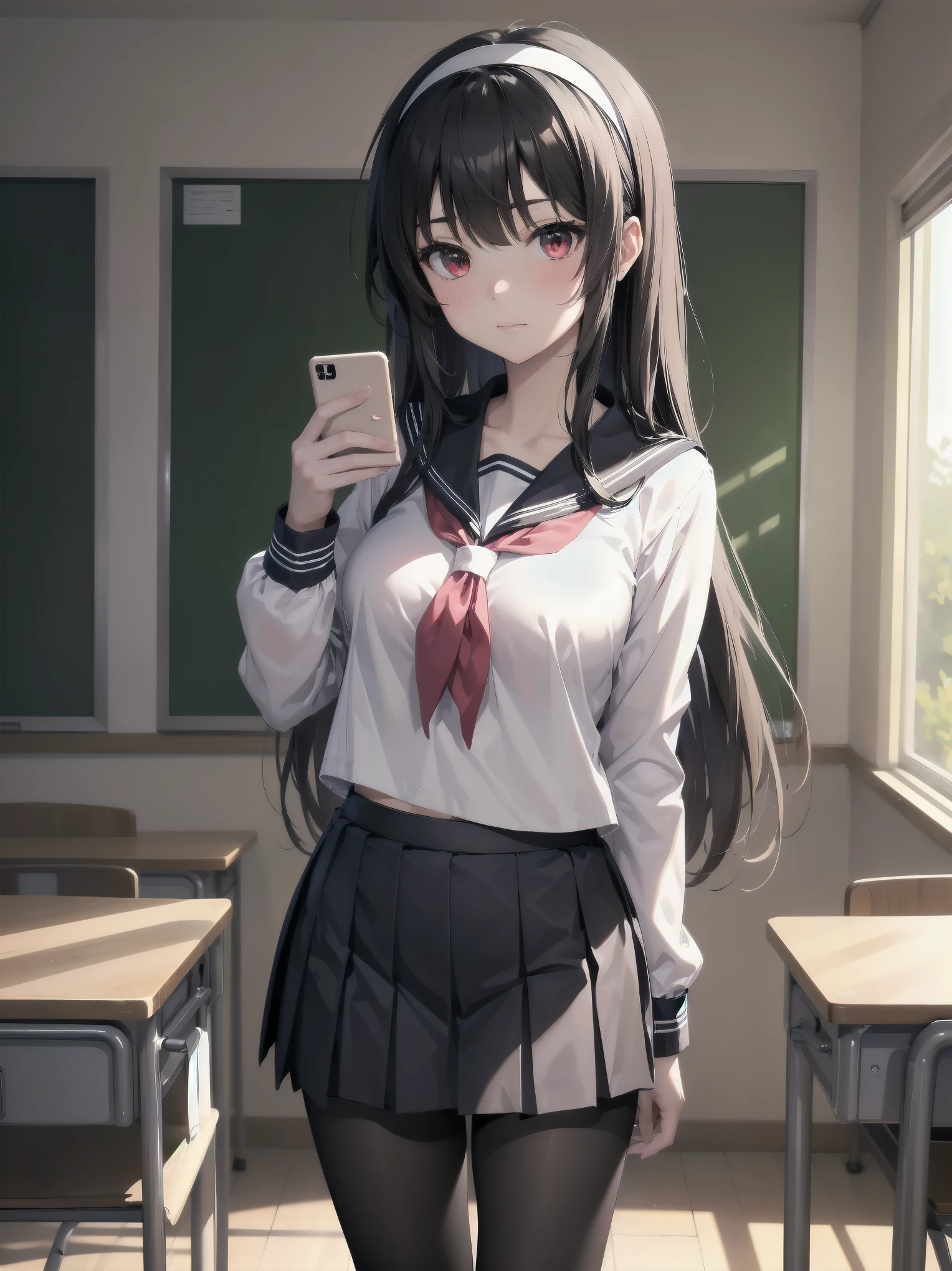 an anime girl standing in an empty room with a phone to her ear, 1girl, solo, , pantyhose, skirt, indoors, hairband, long hair, kasumigaoka utaha, looking at viewer, black hair, red eyes, breasts, blush, pleated skirt, black pantyhose, classroom, white hairband, long sleeves, bangs, neckerchief, closed mouth, desk, sailor collar, serafuku