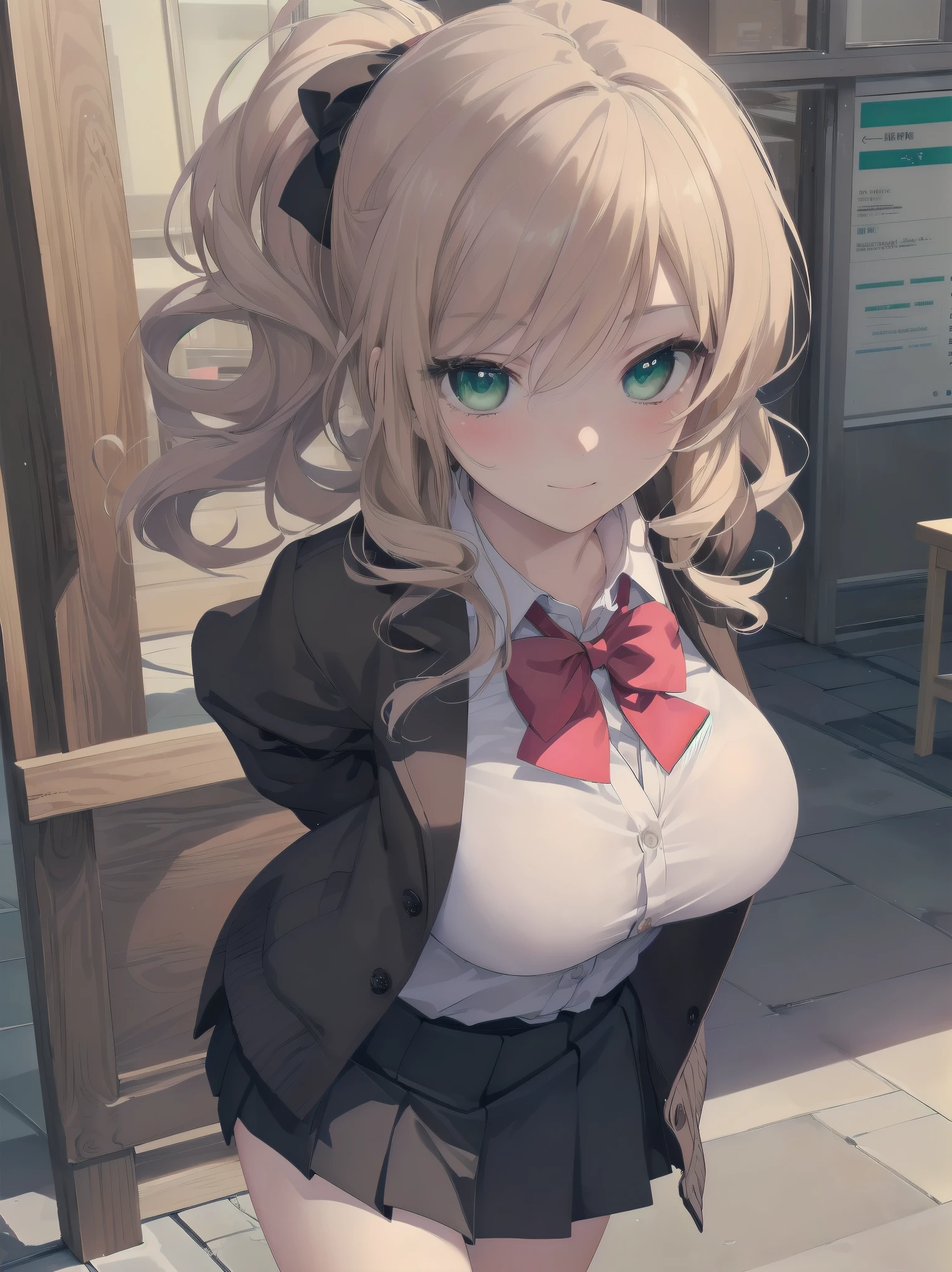 ((Tabletop, highest quality, High resolution, Perfect Pixel, Depth of written boundary, 4K))), One Girl, single, alone, Beautiful Anime Girls, Beautiful art style, Anime characters, ((Long Hair, bangs, Dark brown hair, Curly Hair:0.8)), ((Green Eyes:1.4, Fine grain, Beautiful Eyes, Perfect Eyes,Curled eyelashes, Realistic eyes)), ((Detailed face, Blushing:1.2)), ((Smooth texture:0.75, Realistic texture:0.5, Anime CG Style)), Huge breasts that look like they might explode, Dynamic Angle, Big Breasts, Perfect body, Dynamic pose, ((Red bow tie, , Black jacket, Open jacket, Brown cardigan, White shirt, Black Skirt, Checked skirt)), smile, Open your mouth, Put your arms behind your back, Leaning forward, Amalment Park
