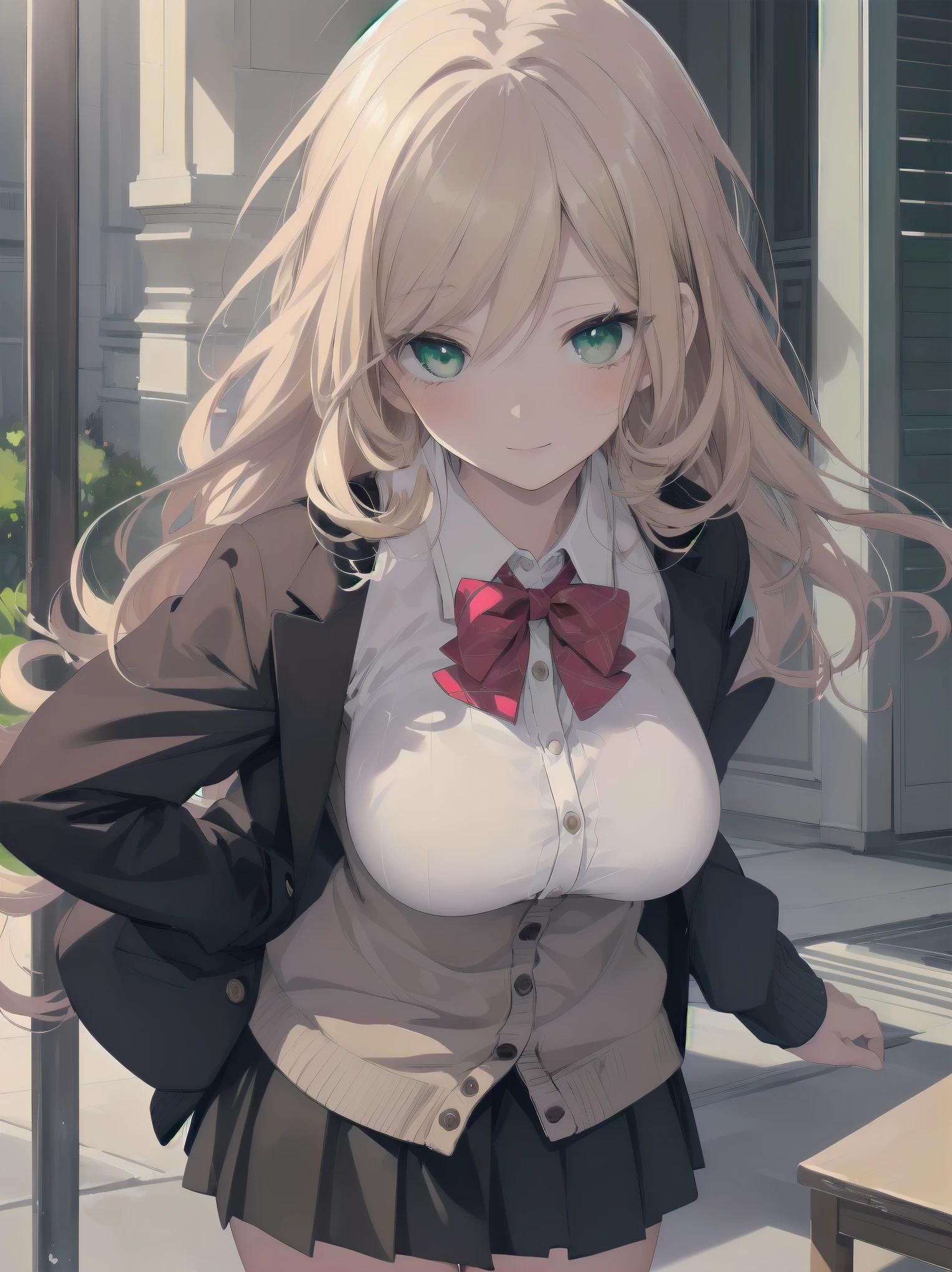 ((Tabletop, highest quality, High resolution, Perfect Pixel, Depth of written boundary, 4K))), One Girl, single, alone, Beautiful Anime Girls, Beautiful art style, Anime characters, ((Long Hair, bangs, Dark brown hair, Curly Hair:0.8)), ((Green Eyes:1.4, Fine grain, Beautiful Eyes, Perfect Eyes,Curled eyelashes, Realistic eyes)), ((Detailed face, Blushing:1.2)), ((Smooth texture:0.75, Realistic texture:0.5, Anime CG Style)), Huge breasts that look like they might explode, Dynamic Angle, Big Breasts, Perfect body, Dynamic pose, ((Red bow tie, , Black jacket, Open jacket, Brown cardigan, White shirt, Black Skirt, Checked skirt)), smile, Open your mouth, Put your arms behind your back, Leaning forward, Amalment Park