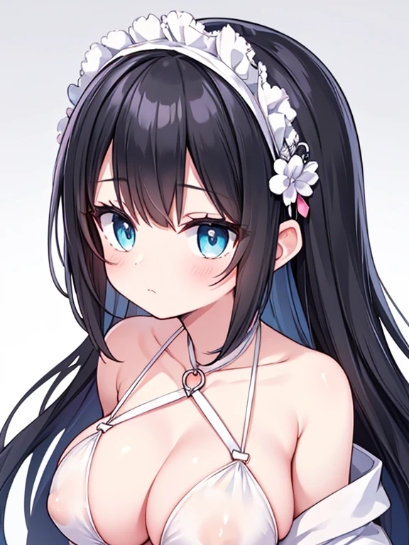 (masterpiece:1.4), (highest quality:1.4),Cute beautiful girl、Cute beautiful eyes、 (Perfect Face)、very cute、Large Breasts、Thin white transparent bikini、The pink areola is clearly visible、(((Large areola)))、Black Hair