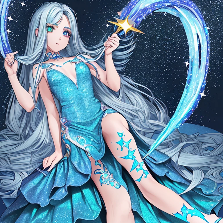 (mulher magra), (seios pequenos), (albina), (heterocromia), (vestido azul escuro com glitter), (dress up to the feet), (cabelo branco), (cabelo algurandos quadris), (olho esquerdo castanho), (olho direito azul)