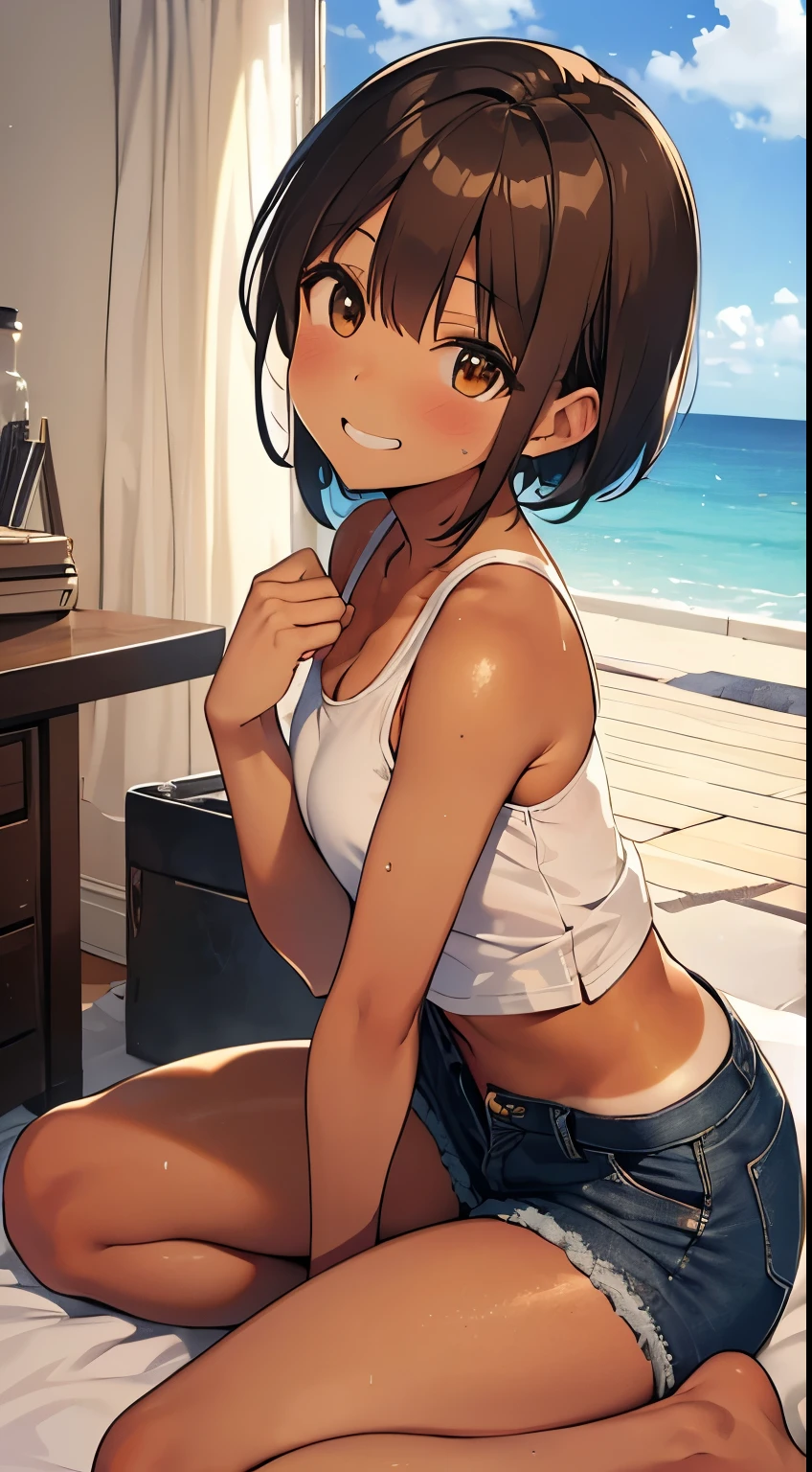 highest quality、 bra、Beige shorts、Cool look、Stretch your legs in the room、Armpit sweat、Grass、Ecstasy face,(Attractive person)， (girl１name)， (Highly detailed face, smile) ,, (日本のgirl), Slightly round face, (Tan brown face:1.6), cute, Big eyes、2D，highest quality，(masterpiece)，(((whole bodyが映る)))，(((whole body)))，Aya Shameimaru，Super Short Hair，((Black Hair))，Healthy brown skin，((Denim hot pants))，「cheap」In a pink tank top，Shining bare feet，barefoot，Beautiful brown eyes，Attractive thighs，Sloppy body type，Bedroom，get drunk，Upward glance，cheeks are bright red，あざでcute，Sexy as hell，Erotic look，whole bodyに汗の大きな滴，humid，Sleep with your legs stretched、My Room、（Lie down in bed.），Side View Angle，Angle to emphasize the buttocks