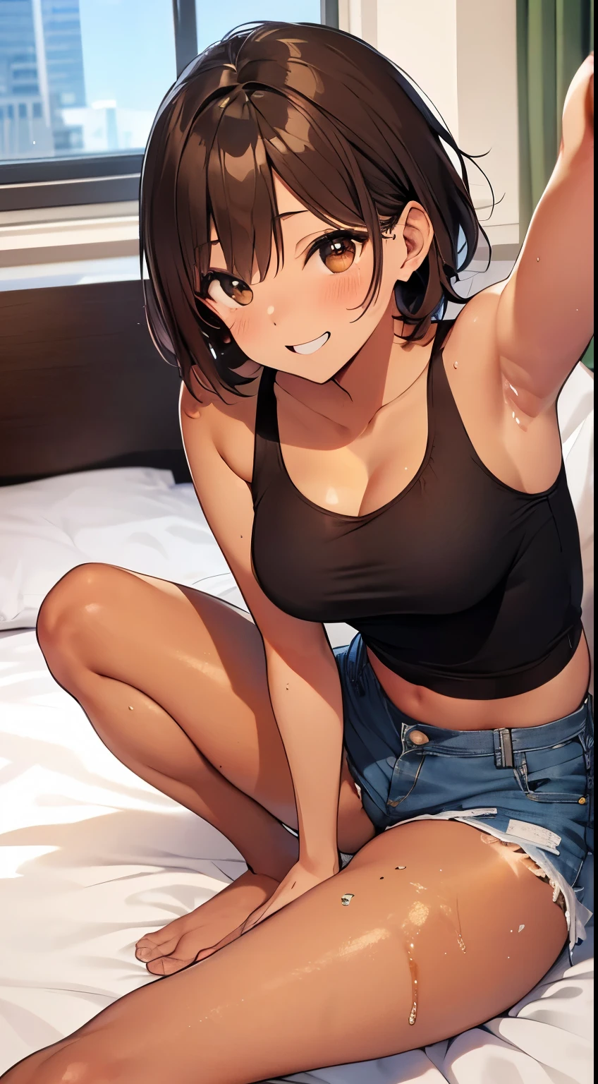 highest quality、Elementary school student bra、Beige shorts、Cool look、Stretch your legs in the room、Armpit sweat、Grass、Ecstasy face,(Attractive person), (girl1name), (Highly detailed face, smile) ,, (日本のgirl), Slightly round face, (Tan brown face:1.6), cute, Big eyes、2D,highest quality,(masterpiece),(((whole bodyが映る))),(((whole body))),Aya Shameimaru,Super Short Hair,((Black Hair)),Healthy brown skin,((Denim hot pants)),「cheap」In a pink tank top,Shining bare feet,barefoot,Beautiful brown eyes,Attractive thighs,Sloppy body type,Bedroom,get drunk,Upward glance,cheeks are bright red,あざでcute,Sexy as hell,Erotic look,whole bodyに汗の大きな滴,humid,Sleep with your legs stretched、My Room、(Lie down in bed.),Side View Angle,Angle to emphasize the buttocks