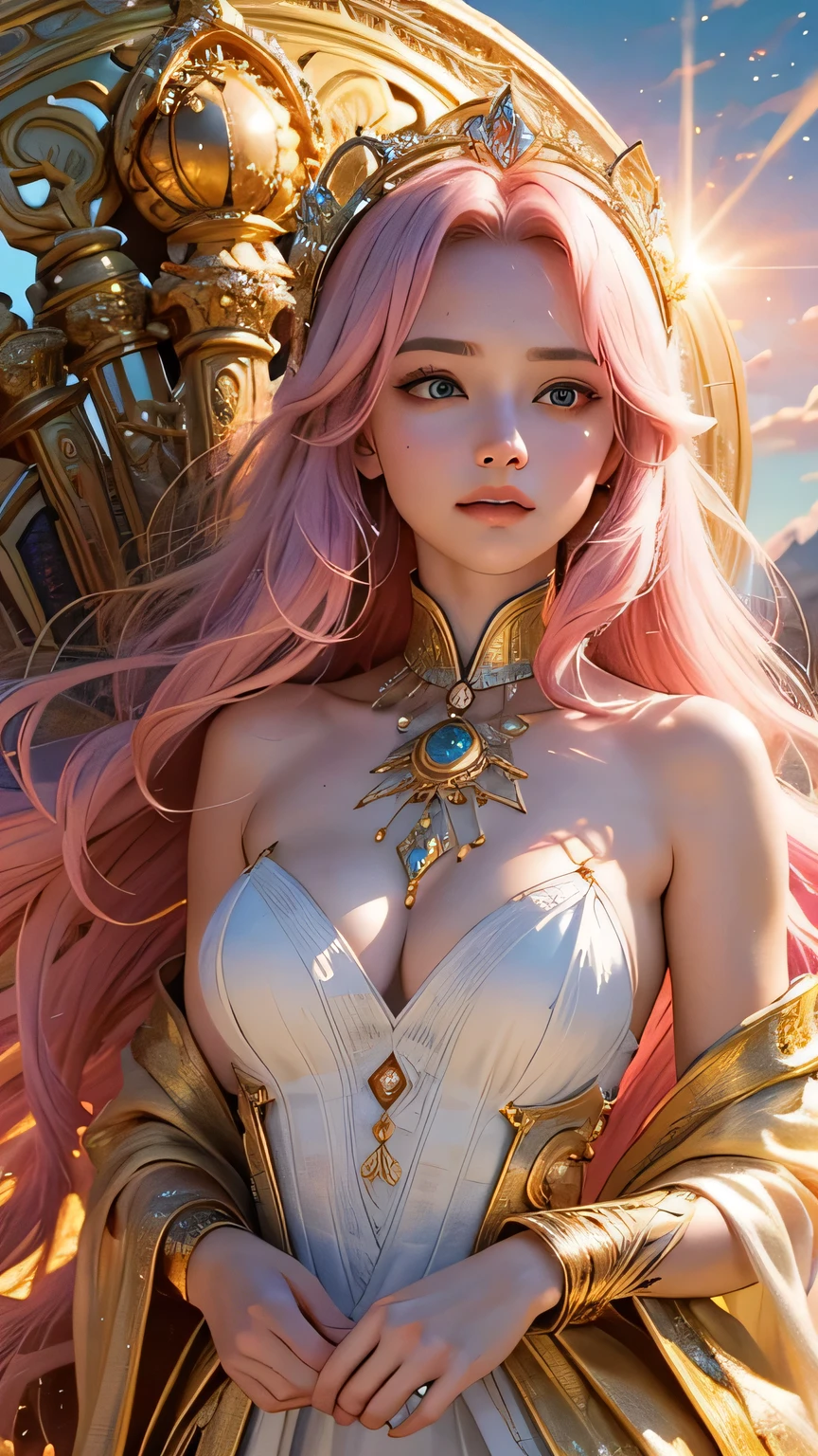 "Maiden of the Sun": In a sacred sanctuary bathed in the sunlight, we depict the figure of a sun goddess. She gazes towards us, emitting a divine radiance, with her hair shining golden. The camera focuses on her face, with orbs of light representing the life-giving power of the sun in her hands. The background is predominantly pink, evoking a sense of divine grandeur. The setting is a place where many cats reside, enveloped in soft, bright light, offering tranquility and peace of mind, free from any trace of anxiety. She is accompanied by her beloved Munchkin cat.
