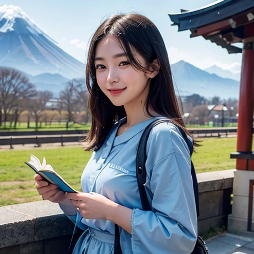 best quality, masterpiece,
outdoors,
a high school girl with a book and a schoolbag,
wearing a long-sleeved Japanese mitakihara ,
smile, cute, face fully visible, serafuku,
Background,
blue Morning glory,
(only one large and big mount Fuji:1.2)