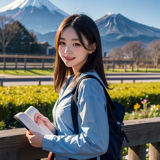 best quality, masterpiece,
outdoors,
a high school girl with a book and a schoolbag,
wearing a long-sleeved Japanese mitakihara ,
smile, cute, face fully visible, serafuku,
Background,
blue Morning glory,
(only one large and big mount Fuji:1.2)