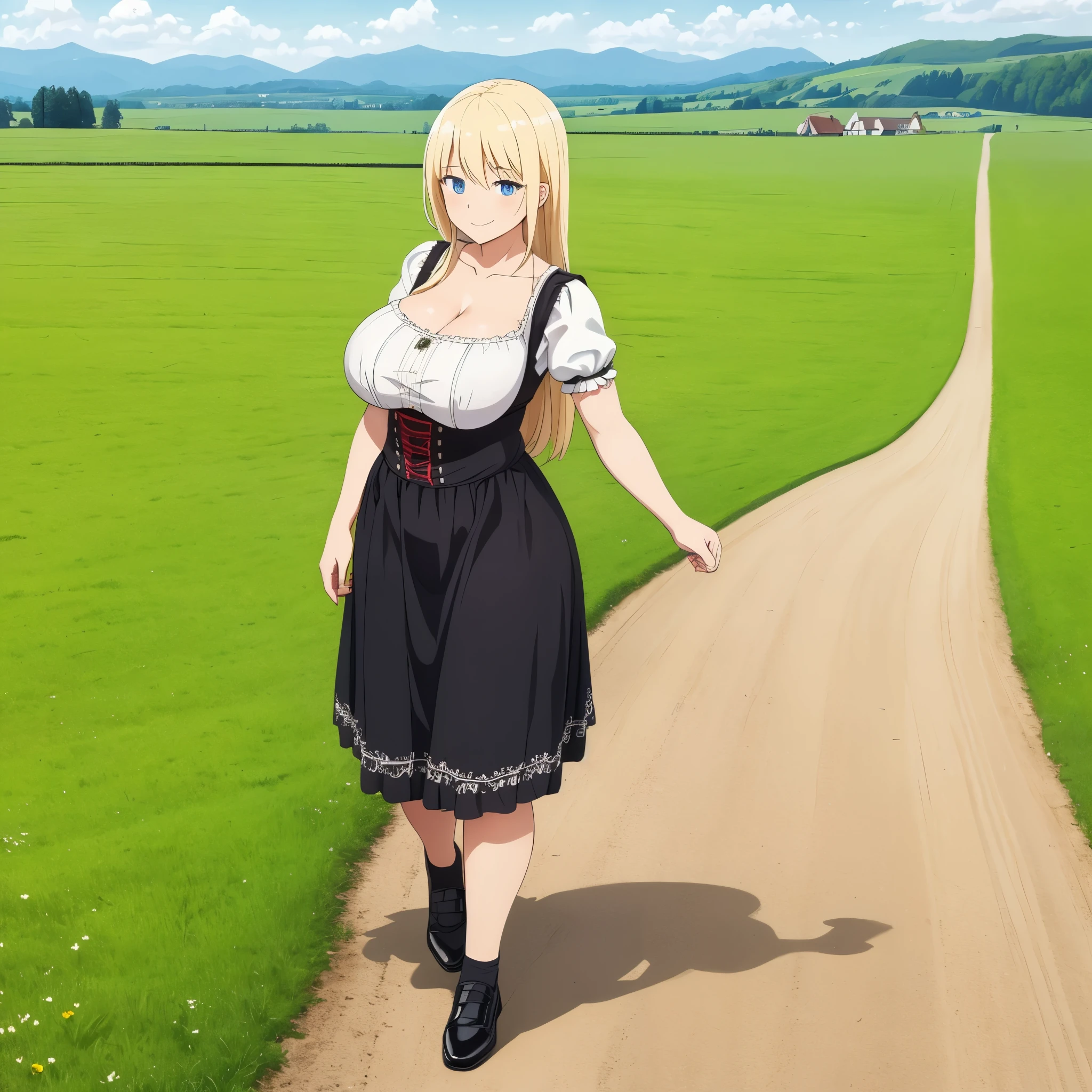 a woman wearing a traditional German Dirndl, exposed thigh, big breasts, long blonde hair, smiling blue eyes, black shoes, walking in a farm field with traditional German town in the background. full body, day place,very detailed, ultra defined, high quality, well defined, masterpiece (solo woman)