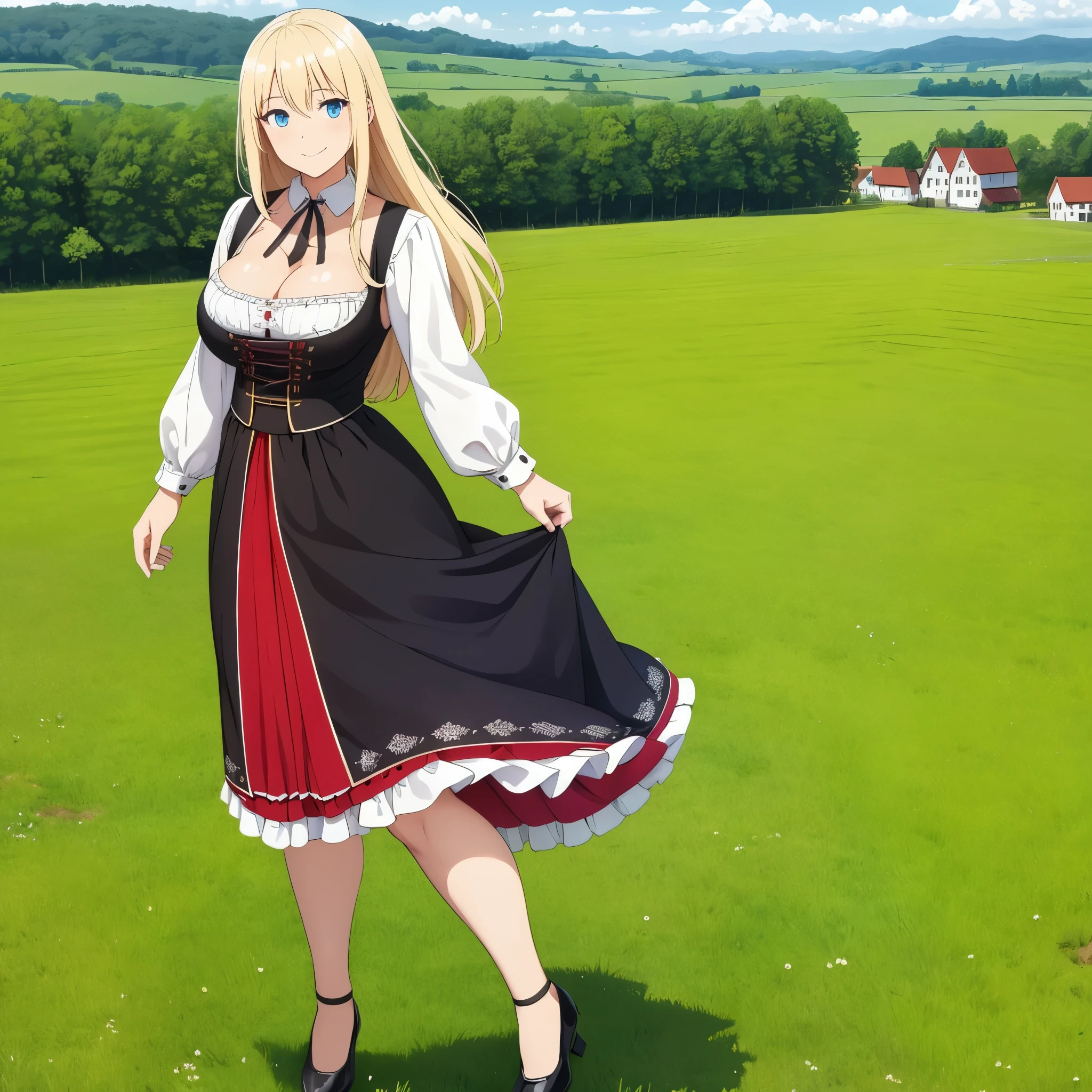 a woman wearing a traditional German Dirndl, exposed thigh, big breasts, long blonde hair, smiling blue eyes, black shoes, walking in a farm field with traditional German town in the background. full body, day place,very detailed, ultra defined, high quality, well defined, masterpiece (solo woman)