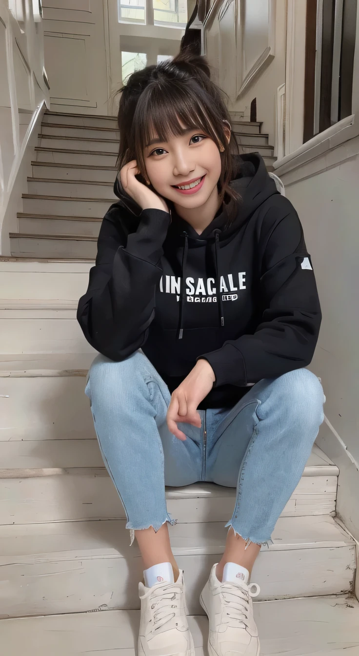highest quality, Realistic, Very detailed, Finer details, High resolution, 8k wallpaper, One beautiful woman,Sit on the stairs、(Wear black socks)smile、(Beautiful teeth alignment、)(Gums are visible) Oversized hoodie, Skinny jeans,( sneakers)、Black Hair、 Beautiful Bangs、ear piercing、Perfect dynamic composition, Beautiful and detailed, Full Body Shot, A big smile waiting to start
