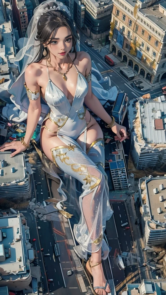 (16k, High resolution, highest quality, masterpiece, 超High resolution), ((Giantess Elements, From right above)), Perfect dynamic composition:1.2, (Modern city at night), Highly detailed skin and facial textures:1.2, (Towering Giant Young Woman:1.0, taller than a skyscraper:1.0, 50,000 feet high:1.0, Incredibly slim body:1.0), smile, Fair skin, Sexy beauty, Very beautiful face, (Looking down at the approaching woman), (White wide leg jumpsuit:1.0), Shapely breasts, Chest gap, Big eyes that exude beautiful eroticism, Lips that exude beautiful eroticism, necklace, Earrings, bracelet, wedding ring, Shoulder bag, clock, ribbon, Full body portrait, ((Destroy a small town, Burning Small Town, rubble, Destroyed small building, Collapsed highway, Evacuated Residents)), (Major impact, Emphasizing the majesty and power of giants, Increase the destructive element, Lower the building, Making cities smaller)