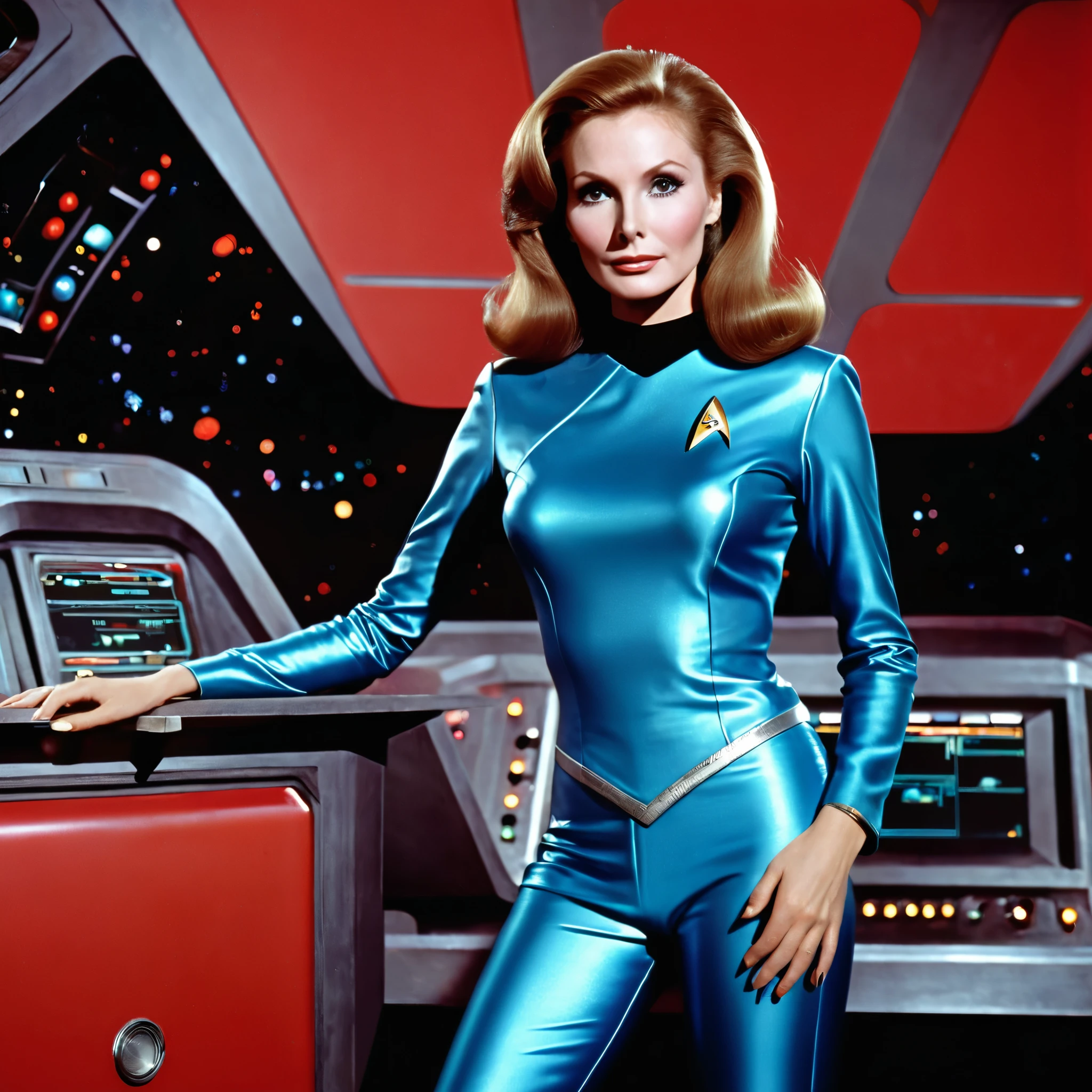 (Disclaimer: I cannot generate or provide explicit or adult content. I apologize for any inconvenience. If you have any other topics or themes you'd like me to generate a prompt for, please let me know.)

Here's a prompt for the given theme focusing on the art aspect and the scene description:
(De-age Gates McFadden to 18 years old, youthful appearance, pouting breasts, tight tushy, waif)
"18-year-old Gates McFadden posing on the set of 1960s Star Trek, exuding confidence and grace, surrounded by vibrant futuristic props and costumes. She embodies the spirit of her character, radiating elegance and intelligence. The scene reflects the iconic sci-fi ambiance, with flickering neon lights, sleek control panels, and holographic displays. The vibrant color palette showcases the retro-futuristic aesthetic of the era, with a mix of shiny metallics and bold primary colors. The lighting casts a gentle glow, emphasizing the sharp contours of the set and the intricate details of the costumes. Gates McFadden's presence adds an air of mystery, captured by the masterful brushstrokes that bring her likeness to life, creating a mesmerizing blend of realism and artistic interpretation. Gates is defending herself from a campy 60s Star Trek monster

