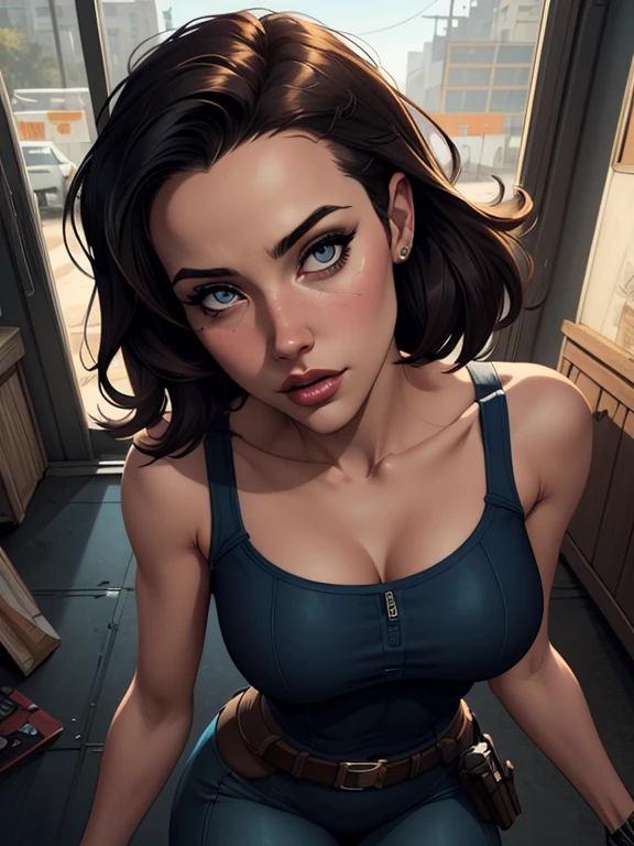 Personagem mulher estilo atompunk Fallout 4 cabelos pretos  atriz Ella Purnell com marcas de guerras Imagem de desenho animado de uma mulher .Ilustracaoo estilo desenho animado, estilo de arte dos desenhos animados, estilo de arte dos desenhos animados, digital illustration style, estilo atompunk design de personagens altamente detalhado, arte digital detalhada coragem,actress Ella Purnell with black hair slim body Forest fan art, Design de cabelos pretos personagens de retrato, beautiful digital illustration, retrato de alta qualidade, Arte em quadrinhos, s . Eyelined eyes, medium bust and wonderful sexy clothes. image expression of sexual desire from waist to head illustration atompunk style Fallout 4 The perspective is from below, enfatizando a majestade e o poder da Gigante."atriz Ella Purnell cabelos pretos um close up de uma mulher com um vestido vermelho segurando uma arma, artgerm julie bell beeple, glamorosa Jill Valentine, inspirado em Raymond Swanland, Resident Evil, Artgerm Craig Mullins, Cutesexyrobutts, inspirado em Marek Okon, estilo de Raymond Swanland, Resident Evil inspired, Artgerm detalhado