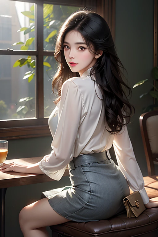 (masterpiece: 1.3), (8k, Realistic, RAW Photos, highest quality: 1.4), (One girl), Shallow depth of field, Face in focus, Soft Focus, Beautiful Face, (Backlight: 1.5), (Surroundings: 1.3), (Realistic Face), (Black Hair, Medium Short: 1.3), Loose wavy hair, Short bangs, Realistic eyes, Dark brown eyes, Pupil highlights, Beautiful details in the eyes, (Plenty of natural light), (Realistic Skin), Beautiful Skin, cardigan, (White collar blouse), (flare skirt), (pumps), clock, Small handbag, Absurd, Charm, 超High resolution, Ultra-realistic, High resolution, Golden Ratio, Detailed dining café background, Computer on the table, holding a coffee tumbler, The light from the window behind is backlit., The light is a pale skylight、filled with natural light, Natural lighting from diagonally in front of the face