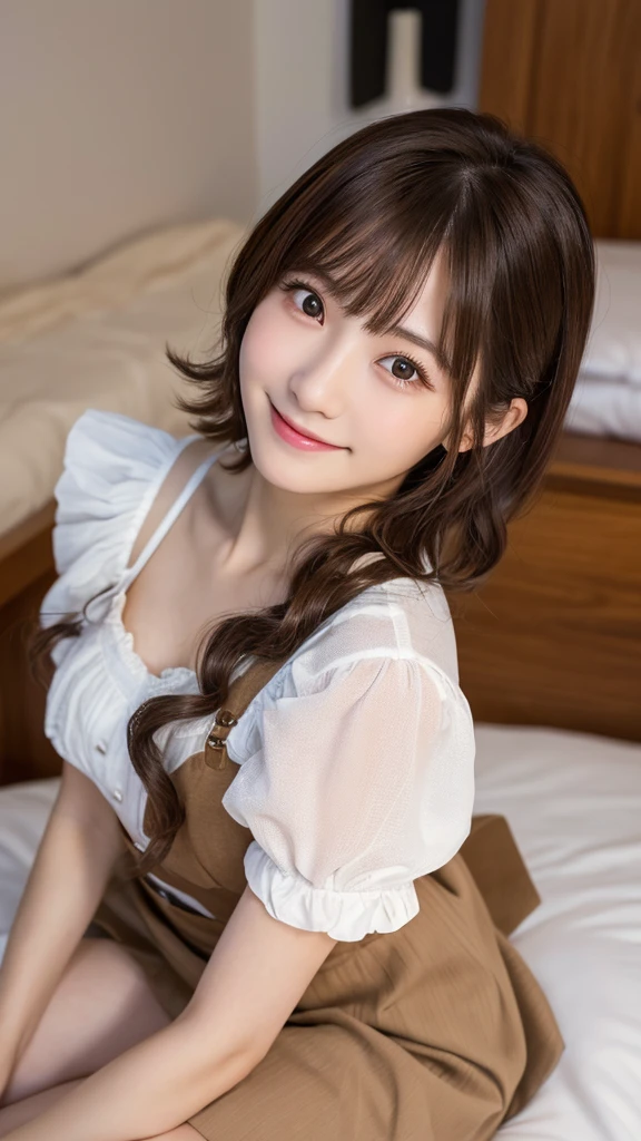 (top-quality,8K picture quality,masterpiece:1.3,),(超A high resolution:1.3,Photorealsitic:1.4,Raw photography:1.2),(ultra-detailliert:1.2,shinny skin,Detailed skin:1.1),(Detailed face,Perfect Anatomy,Caustics:1.2),On the bed in the bedroom,On the bed,Sleep on your back,Overhead view,One girl,kawaii,japanes,22year old,Japanese idol,Natural brown hair,Curl short hair outward,Pretty eyes,natural make up,dirndl skirt,a smile,Looking at the camera,up on the face,Face Focus,Professional Lighting,natural soft light,