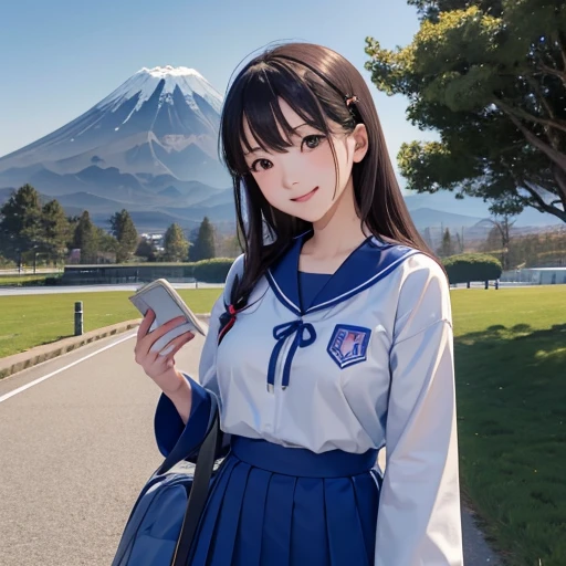 best quality, masterpiece,
outdoors, 

a high school girl with a book and a schoolbag,
wearing a long-sleeved Japanese mitakihara , 
smile, cute, face fully visible, serafuku,


Background,

blue Morning glory, 
(only one large and big mount Fuji:1.2)