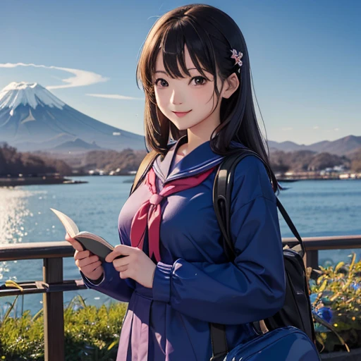 best quality, masterpiece,
outdoors,
a high school girl with a book and a schoolbag,
wearing a long-sleeved Japanese mitakihara ,
smile, cute, face fully visible, serafuku,
Background,
blue Morning glory,
(only one large and big mount Fuji:1.2)