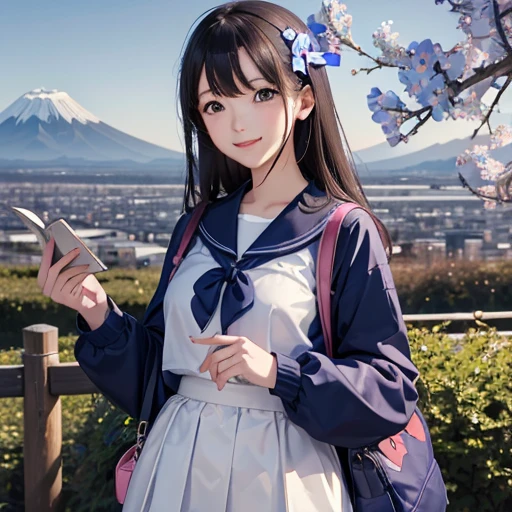 best quality, masterpiece,
outdoors,
a high school girl with a book and a schoolbag,
wearing a long-sleeved Japanese mitakihara ,
smile, cute, face fully visible, serafuku,
Background,
blue Morning glory,
(only one large and big mount Fuji:1.2)