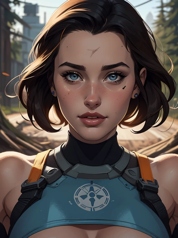 Personagem mulher estilo atompunk Fallout 4 cabelos pretos  atriz Ella Purnell com marcas de guerras Imagem de desenho animado de uma mulher .Ilustracaoo estilo desenho animado, estilo de arte dos desenhos animados, estilo de arte dos desenhos animados, digital illustration style, estilo atompunk design de personagens altamente detalhado, arte digital detalhada coragem,actress Ella Purnell with black hair slim body Forest fan art, Design de cabelos pretos personagens de retrato, beautiful digital illustration, retrato de alta qualidade, Arte em quadrinhos, s . Eyelined eyes, medium bust and wonderful sexy clothes. image expression of sexual desire from waist to head illustration atompunk style Fallout 4 The perspective is from below, enfatizando a majestade e o poder da Gigante."atriz Ella Purnell cabelos pretos
