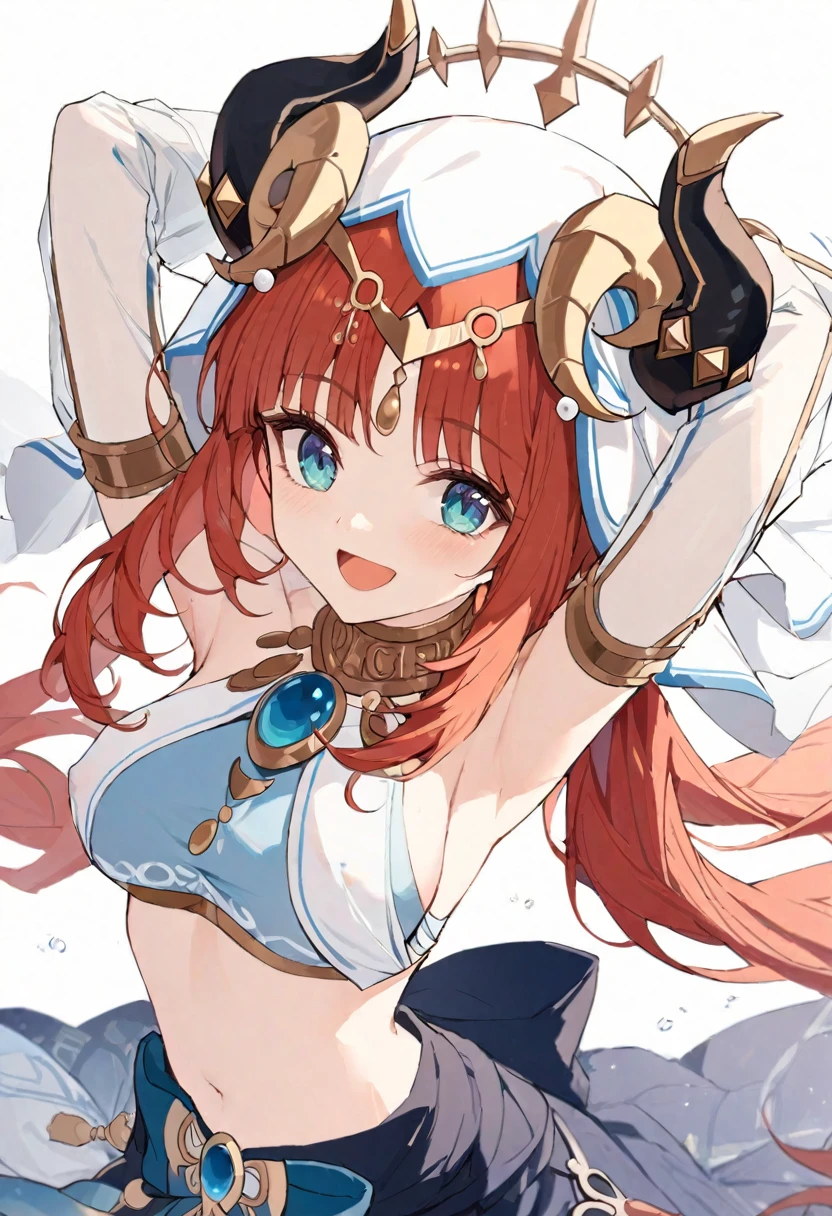 genshin_impact manatsu_no_yo_no_inmu nilou_(genshin_impact) yajuu_senpai commentary_request highres 1girl :d armpits arms_up blue_bow blue_eyes blue_skirt bouncing_breasts bow breasts brooch circlet cowboy_shot crop_top detached_sleeves fake_horns horns jewelry large_breasts long_hair long_sleeves looking_at_viewer navel open_mouth parted_bangs red_hair revealing_clothes see-through sideboob simple_background skirt smile solo straddling veil very_long_hair white_background white_headwear white_veil covered_nipples