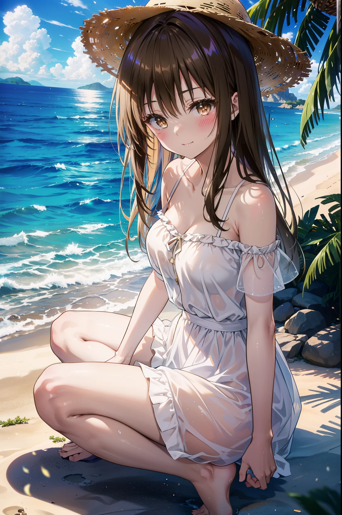 yuikotegawa, Yui Kotegawa, Black Hair, (Brown eyes:1.5), Long Hair,happy smile, smile, Open your mouth,blush,Big Breasts,Big straw hat,Off-the-shoulder sleeveless dress,bare clavicle,Bare neck,Bare arms,Bare shoulders,Long skirt,barefoot,Daytime,Clear skies,Palm tree,Sandy Beachを散歩している,whole bodyがイラストに入るように,
break outdoors, Beach,Sandy Beach,
break looking at viewer, whole body,
break (masterpiece:1.2), highest quality, High resolution, unity 8k wallpaper, (figure:0.8), (Beautiful fine details:1.6), Highly detailed face, Perfect lighting, Highly detailed CG, (Perfect hands, Perfect Anatomy),