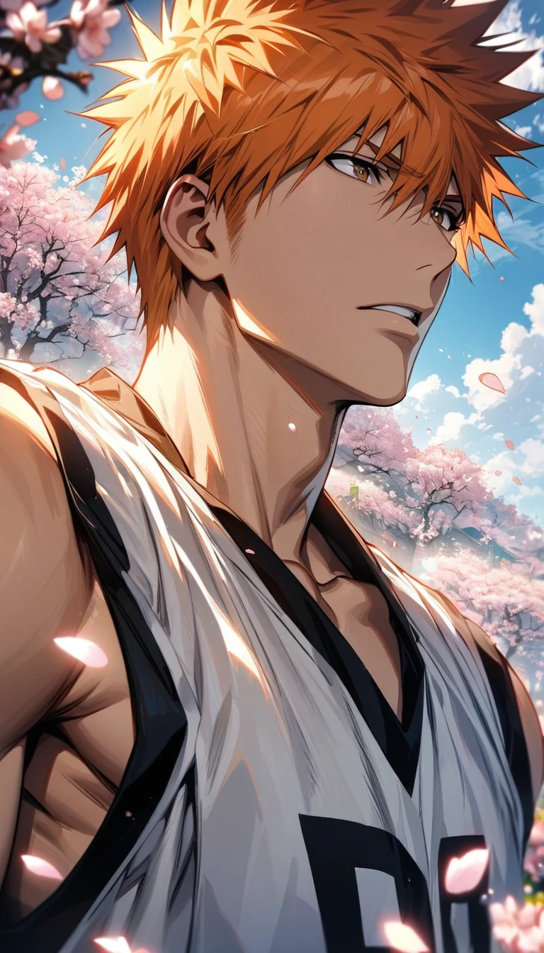 absurdres, highres, ultra detailed, HDR, masterpiece, extremely detailed face and eyes, Kurosaki Ichigo, orange hair, expressive brown eyes, Bleach, solo, sexy man, handsome, white basketball uniform, spring, blossoms, petals