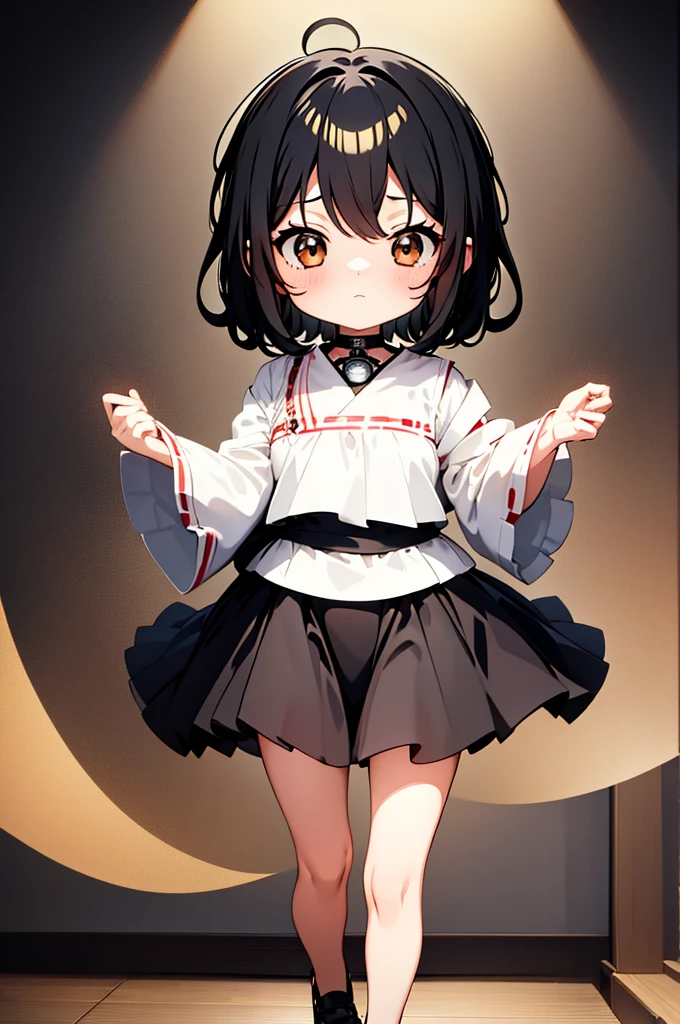 ((Best Quality)), ((masutepiece)),1 girl， animemanga girl，Q Version Characters， body type，Head and body are the same size、Very short in height，black colored hair，a black skirt， look