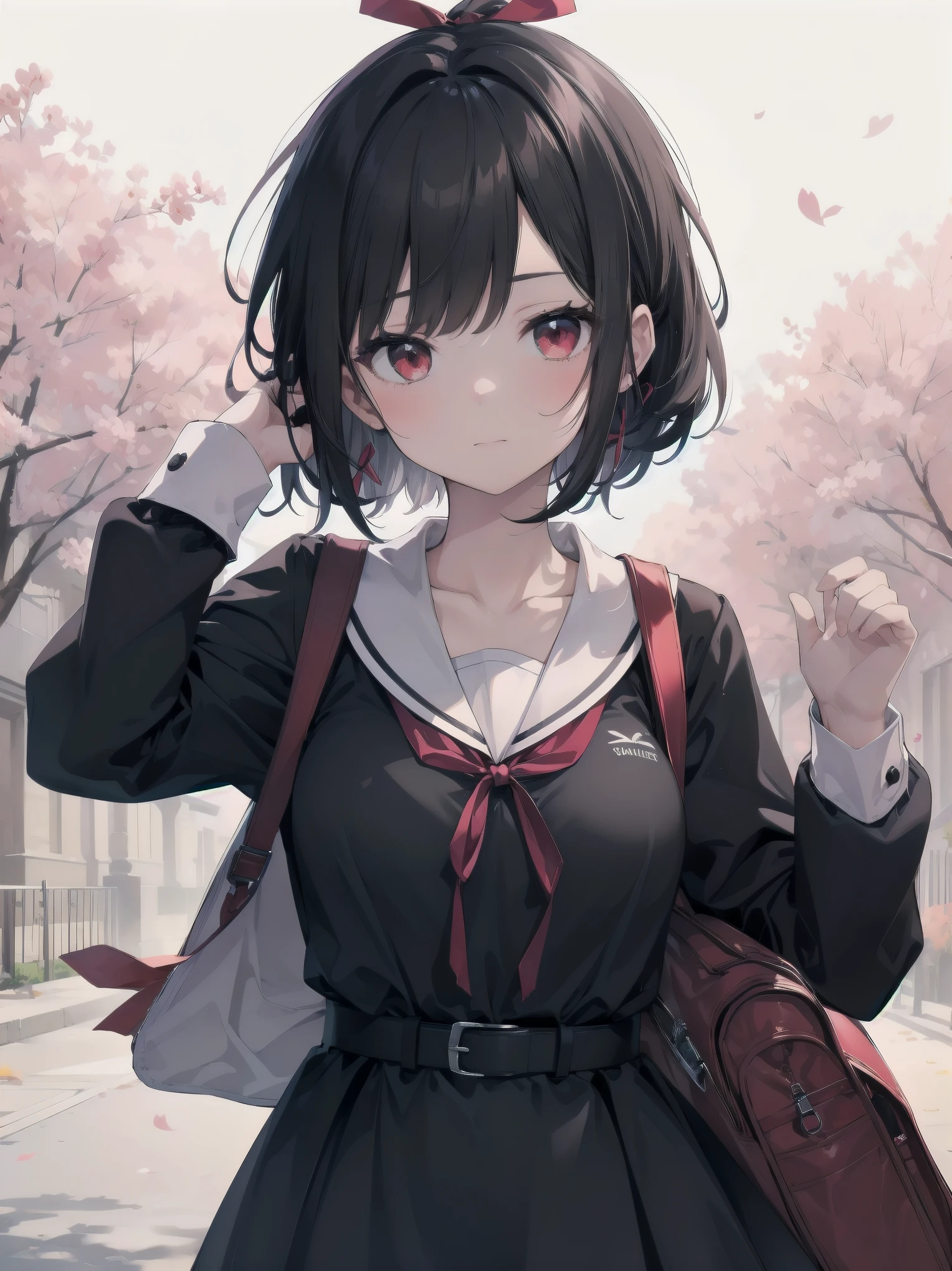 Masterpiece, top quality, super detailed, 16k, One girl, spring, high school, warm colors, school bag, accurate and highly detailed background, flock of schoolgirls in uniforms of various body shapes and hairstyles, cute. Blake. , red eyes, black hair, ribbon, red ribbon, hair ribbon, parted bangs, folded ponytail, , shuuchiin academy , dress, sidelocks, breasts, black dress, collarbone, short hair, long sleeves

