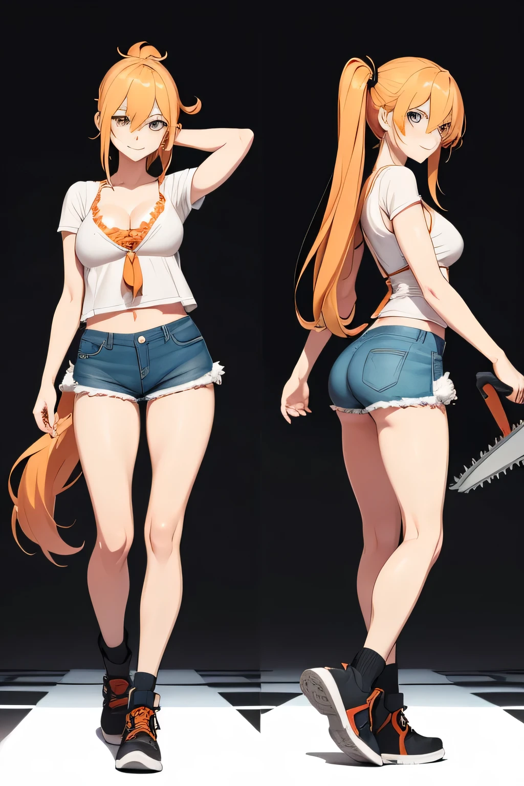 POWER Chainsaw Man, DETAILED IMAGE, Light Orange long hair covering one eye, RIGHT side ponytail hair, full body, small breast, cleavage, Sexy Casual clothing, happy expression
