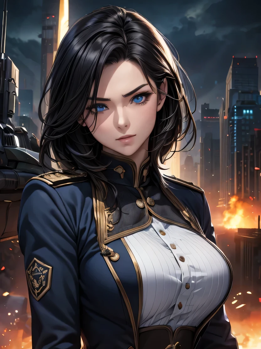 ((masterpiece、highest quality、Genuine、Very detailed、High resolution、Sharp focus、Photorealistic、Cinematic lighting))、Natural and realistic colors、((1 girl、Bust Shot))、Official Art、SF Movies、Adult female, Age 25、Dark blue eyes、Black bob short hair、uniform、Formal wear、Polite uniform、Serious face、Sharp eyes、Realistic Face、The background is a battlefield、Spaceship in the sky、Bullets fly、Dynamic Action、View your viewers、Detailed hand drawing