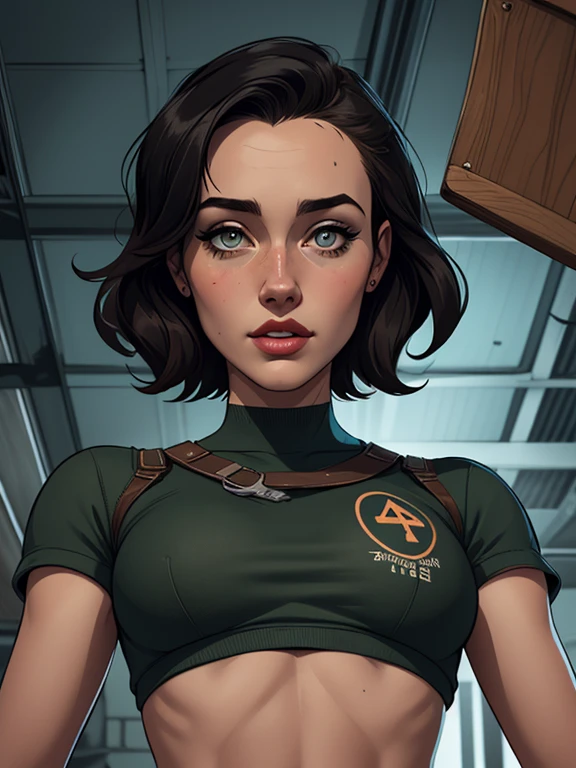 Personagem mulher estilo atompunk Fallout 4 cabelos pretos atriz Ella Purnell com marcas de guerras Imagem de desenho animado de uma mulher .Ilustracaoo estilo desenho animado, estilo de arte dos desenhos animados, estilo de arte dos desenhos animados, digital illustration style, estilo atompunk design de personagens altamente detalhado, arte digital detalhada coragem,actress Ella Purnell with black hair slim body Forest fan art, Design de cabelos pretos personagens de retrato, beautiful digital illustration, retrato de alta qualidade, Arte em quadrinhos, s . Eyelined eyes, medium bust and wonderful sexy clothes. image expression of sexual desire from waist to head illustration atompunk style Fallout 4 The perspective is from below, enfatizando a majestade e o poder da Gigante."atriz Ella Purnell cabelos pretos