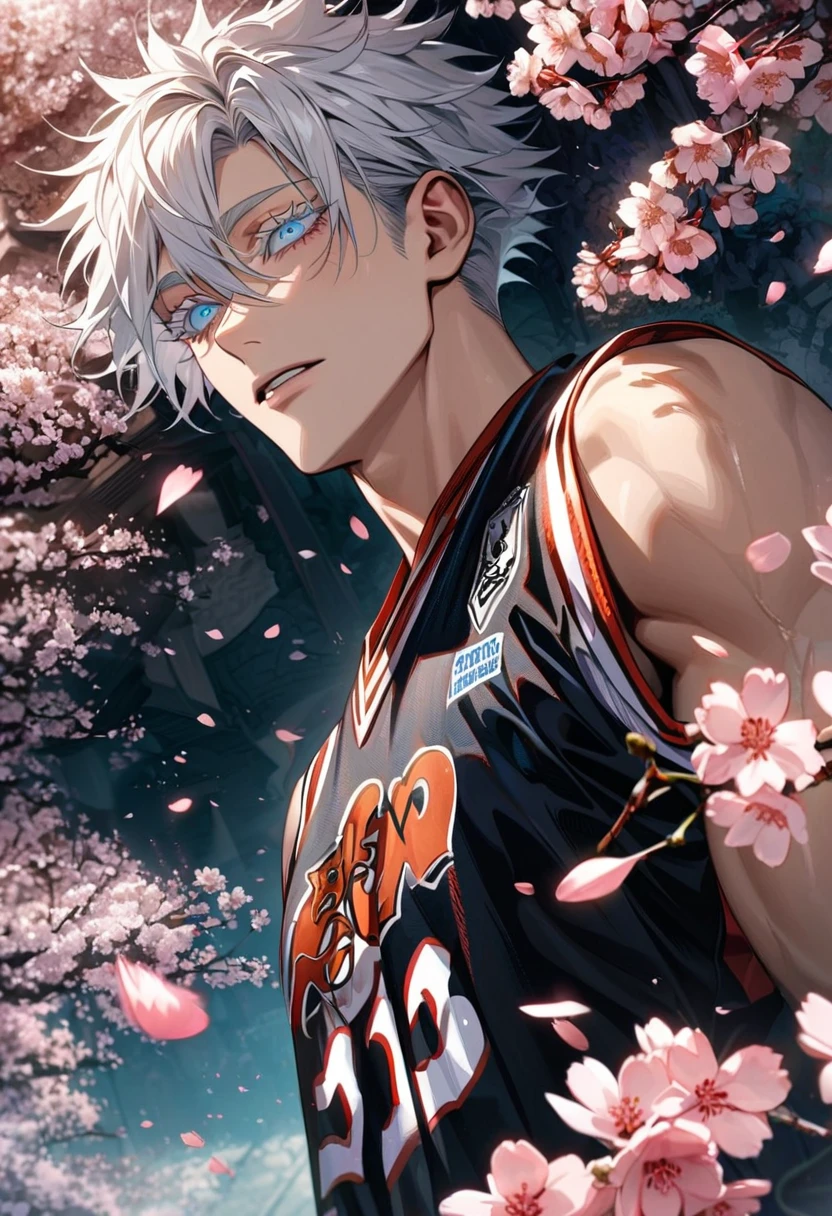 Ultra detailed, Highres, HDR, absurdres, Gojo Satoru, white hair with bangs, hair between the eyes, expressive blue eyes, white eyelashes, patterns, Jujutsu Kaisen, sexy man, handsome, solo, extremely detailed face and eyes, petals, blossoms, spring, master piece, basketball uniform, cherry blossoms