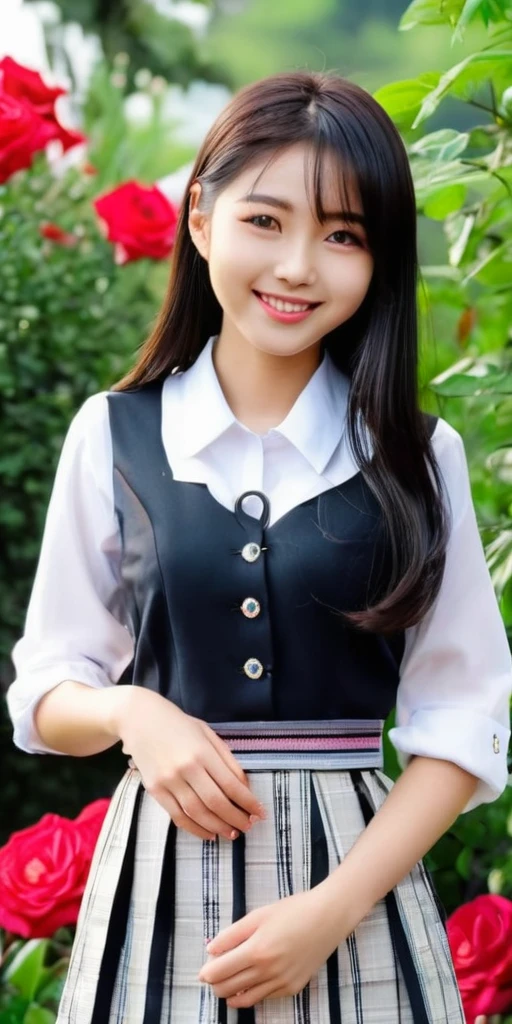 ((16k,super highest quality,Ultra-high resolution,masterpiece,Realistic,Realistic,Very detailed)),Young, adorable and cute 16 year old〜20 year old girl,Full body photo,Full body angle,Esbian all over,Baby Face,single eyelid,Long legs,Thin legs,Thin thighs,Beautiful hands and feet,chest,Cute smile,Adorable smile,nice smile,Rose garden in the background,Long Straight Hair,Iris,Black Hair,A lovely, beautiful and childlike Japanese girl,With a young body,Slim waist,((JAL Cabin Attendant))
