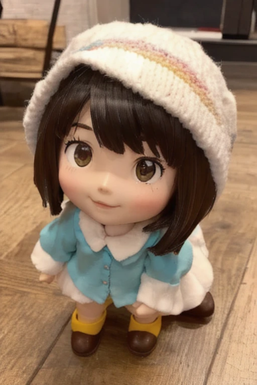 Close-up of a doll wearing a hat resting on a wooden floor, Yoshitomo Nara, style as Nendoroid, aoshima chiho, Nendoroid, Nendoroid, inspired by Nara Yoshitomo, Nendoroid 3 d, Cute porcelain doll, good smile company anime style, chihiro! fujisaki
