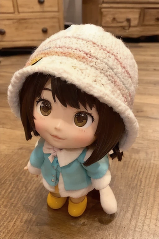 Close-up of a doll wearing a hat resting on a wooden floor, Yoshitomo Nara, style as Nendoroid, aoshima chiho, Nendoroid, Nendoroid, inspired by Nara Yoshitomo, Nendoroid 3 d, Cute porcelain doll, good smile company anime style, chihiro! fujisaki