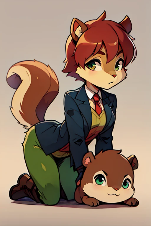 boy, squirrel, furry, bodyfur, blazer, bottomless, green tights, gloves, boots, from side, all fours