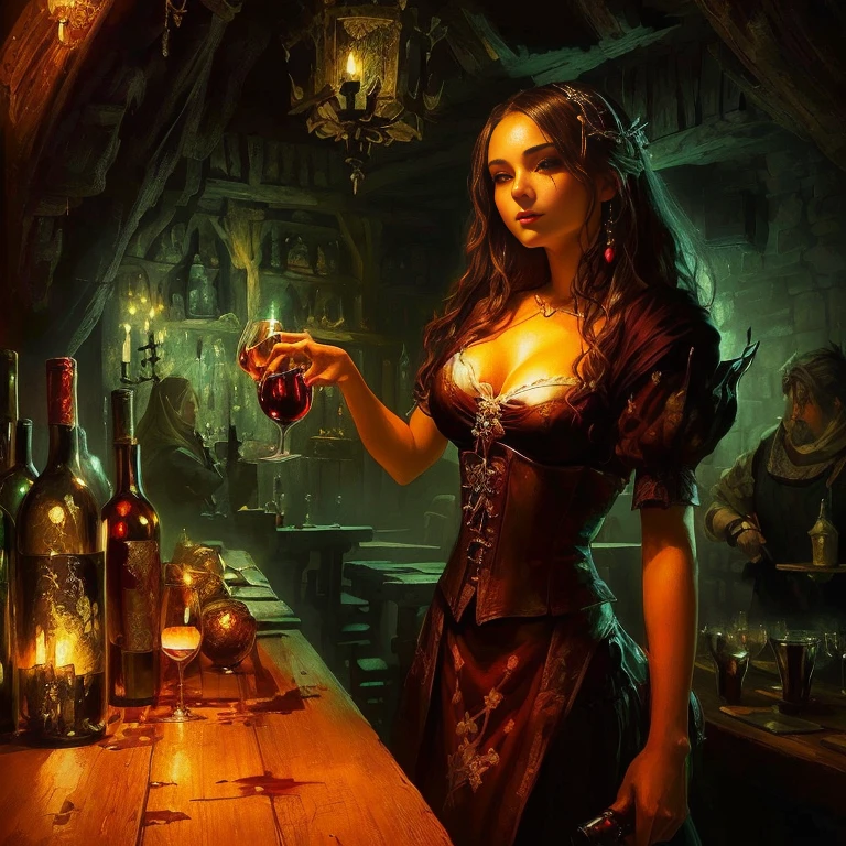 Painting of a beautiful woman in a dress holding a wine glass, Near the fireplace in a fantasy tavern, fantasy Izakaya background, In a medieval tavern at night, Medieval fantasy art, dark fantasy horror art, Horror fantasy art, Izakaya background, old - school Dark Fantasy Art, fantasy horror art, Tavern Pirates, Dark Fantasy Art, Dark Fantasy Artwork