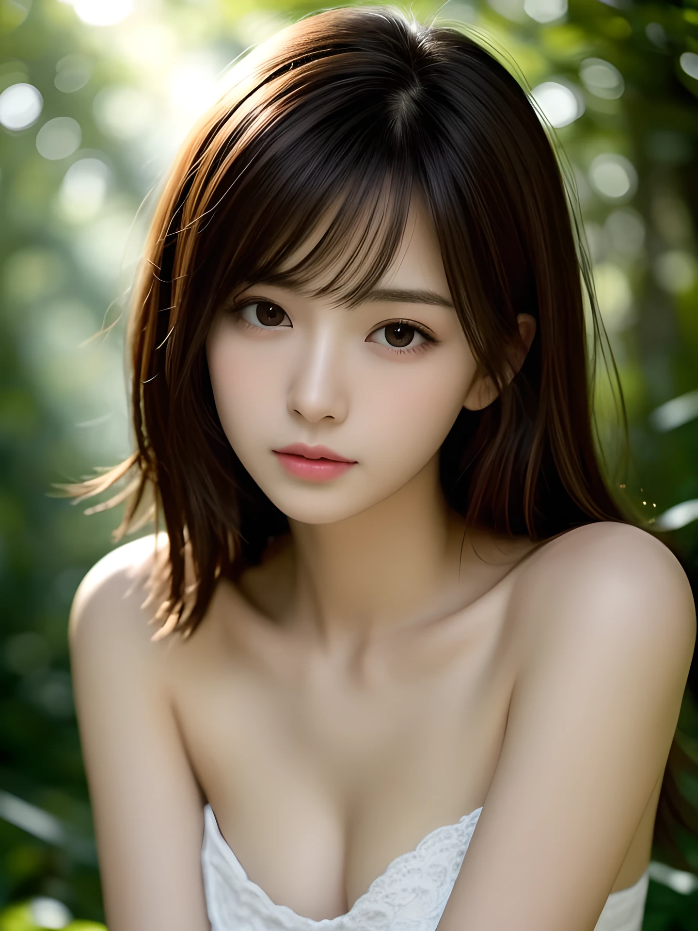 masterpiece, highest quality, High resolution, table top、wallpaper, realistic, bright lighting, professional lighting, face light, smooth lighting, japanese girl, cute, sad expression, Beautiful girl, gravure, sexy, super beautiful, beautiful skin, beautiful and detailed eyes、detailed face、slim、moderately、Medium hair, brunette colored hair, brown eyes, looking away, bandeau top, The morning sunlight shines through the misty forest.