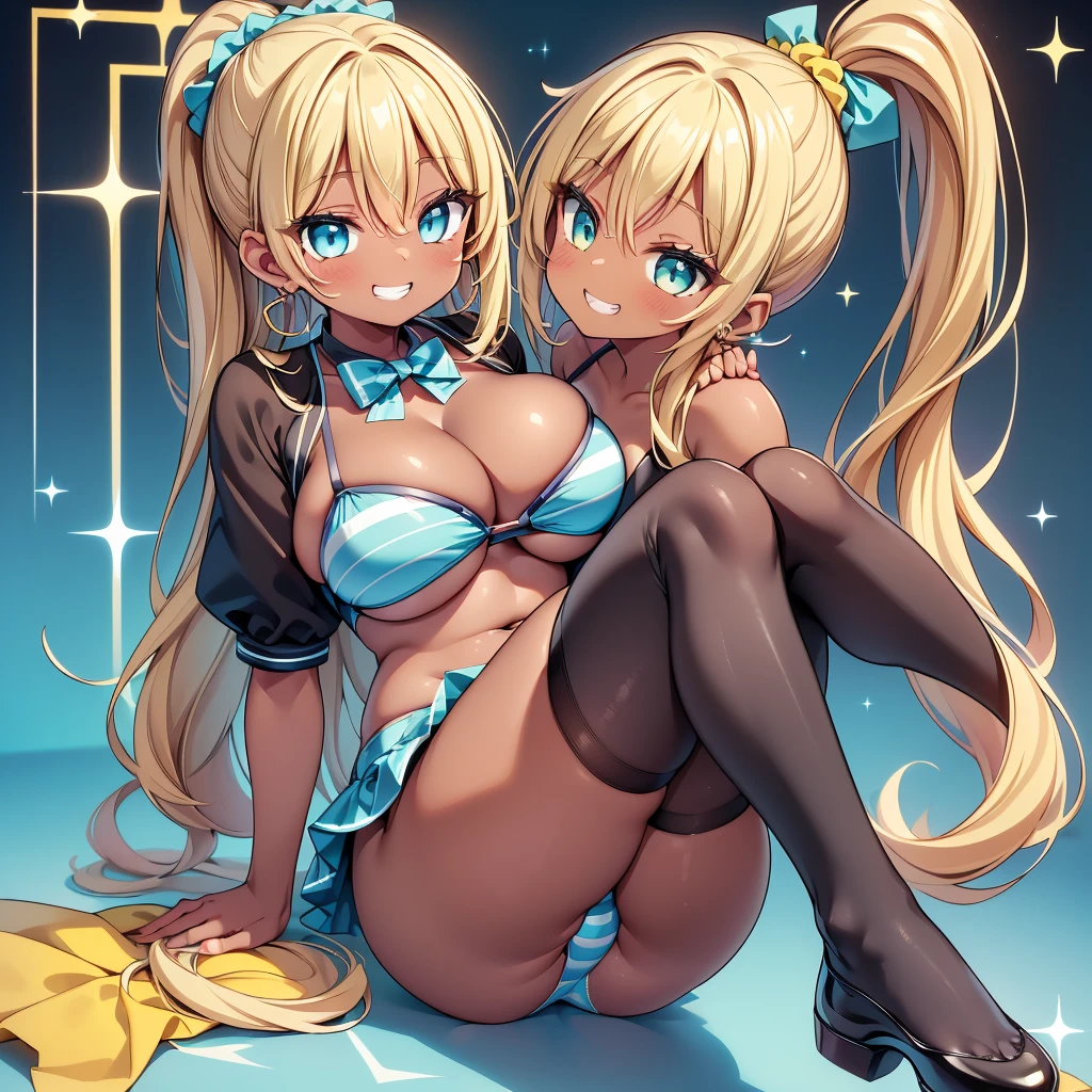 (cute eyes:1.2), (sparkling eyes:1.2), (8K、Best image quality、highest quality、masterpiece)、Detailed face、(girls)、Improve、((Brown Skin:1.3))、blonde、Low Ponytail、Scrunchie、Yellow Eyes、Earrings、Wicked Smile、((Grin)), (glamorous:1.1), (huge breasts:), (Light blue striped micro bikini:1.1), (legs up:1.2), Classroom Background, (black stockings:1.2), (Thighs:1.2), (Waistline)