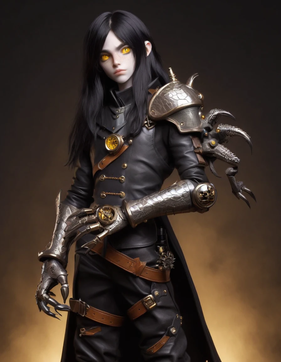 white reptilian teenager male, long black hair, yellow eyes, narrow long mouth ,wearing a fantasy leather armor, wielding a gunpowder pistol, steampunk mechanical backpack with a mechanical arm coming out of it