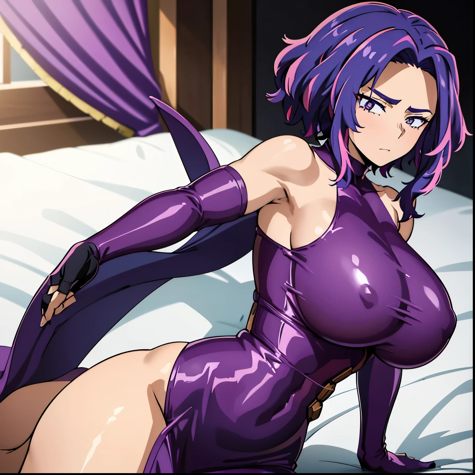 1 girl, alone, lady nagant, (masterpiece, best quality, ultra detailed, beautiful illustration), atmospheric perspective, depth of field, looking at viewer, beautiful detailed eyes, anime eyes: 1.4, (portrait), sexy pose, dynamic angle, (indoor, night, darkness, bedroom, bed), 1 girl, neutral expression, mature woman, (big breasts, huge ass, wide hips, medium thighs), Nagant, purple hair, purple eyes, multicolored hair, hair short, black latex gloves, purple latex off-the-shoulder bodysuit, purple skirt, purple latex off-the-shoulder, purple latex skirt, latex shirt, purple latex off-the-shoulder shirt, arched back, view from behind, posture from the back, buttocks highlight curves, poc(from below), highlighted hair, pink hair, medium hair, two-tone hair, bright pupils, white pupils, bangs, embarrassed, seductive, perfect hands, perfect anatomy,