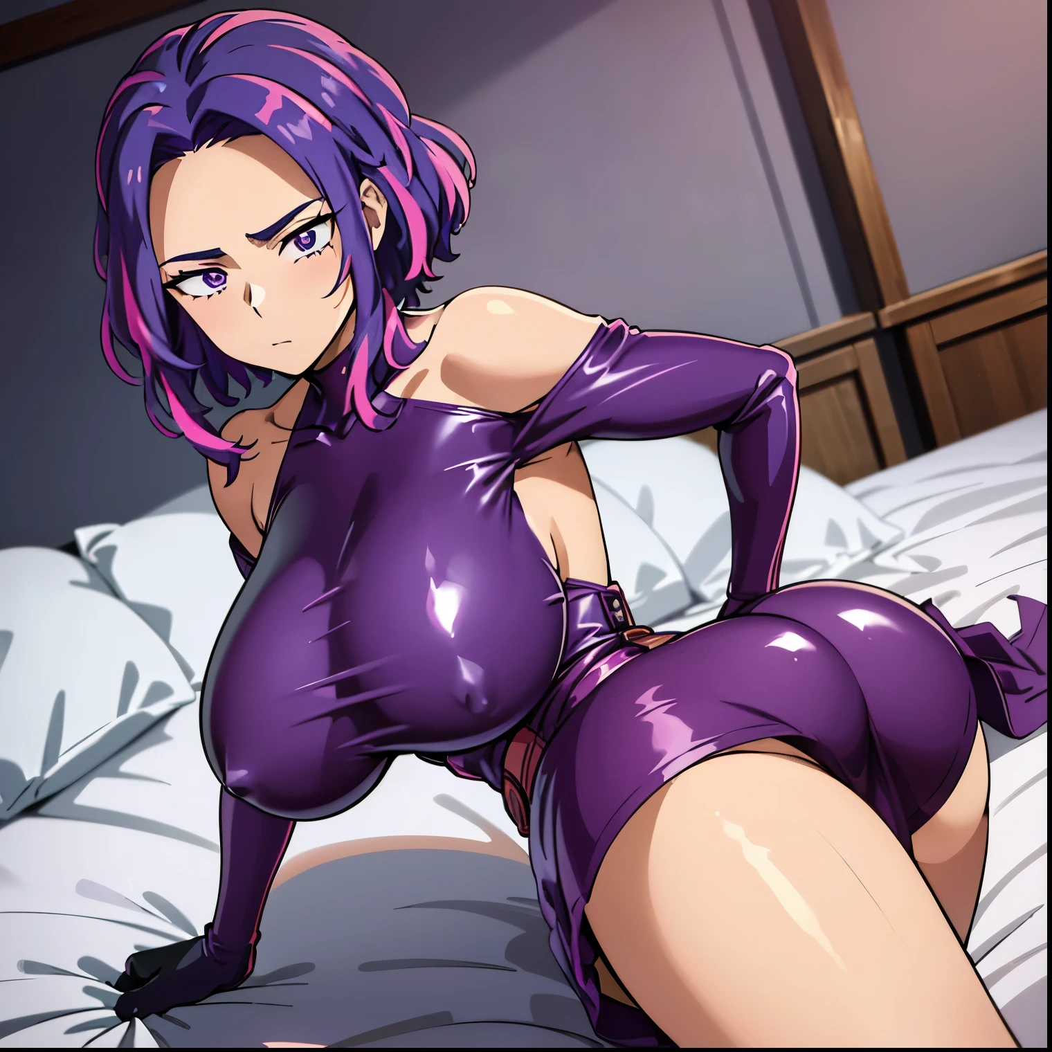 1 girl, alone, lady nagant, (masterpiece, best quality, ultra detailed, beautiful illustration), atmospheric perspective, depth of field, looking at viewer, beautiful detailed eyes, anime eyes: 1.4, (portrait), sexy pose, dynamic angle, (indoor, night, darkness, bedroom, bed), 1 girl, neutral expression, mature woman, (big breasts, huge ass, wide hips, medium thighs), Nagant, purple hair, purple eyes, multicolored hair, hair short, black latex gloves, purple latex off-the-shoulder bodysuit, purple skirt, purple latex off-the-shoulder, purple latex skirt, latex shirt, purple latex off-the-shoulder shirt, arched back, view from behind, posture from the back, buttocks highlight curves, poc(from below), highlighted hair, pink hair, medium hair, two-tone hair, bright pupils, white pupils, bangs, embarrassed, seductive, perfect hands, perfect anatomy,