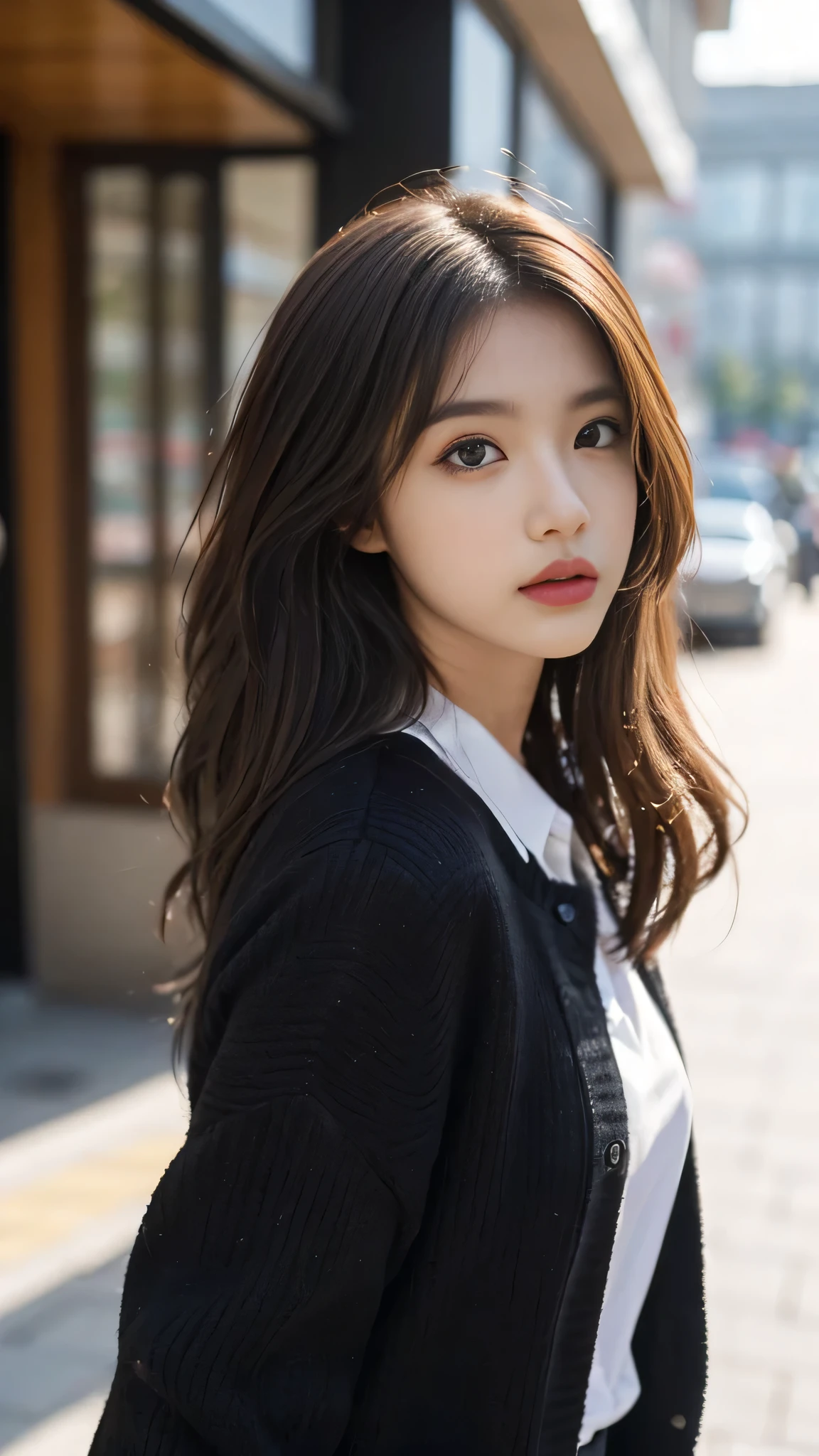 masterpiece、top-quality)、1 beutiful girl、Slim body、((Black and white plain clothes:1.1))、(Detailed beautiful eyes)、Walk around the store、((Boyish Brown Medium Hair))、((Smaller face))、((Neutral face))、((Face seen from the side))、((Light brown eyes))、((Korean Girl))、((18year old))、((cool lady))、((Wild look))、((Korean Makeup))、((elongated and sharp eyes))、((Happy dating))、((looking distantly))、((boyish))、((Shot from the same height as your face))、((Viewers are tall))、((She is walking in front of the viewer))、((Spoiled by viewers))