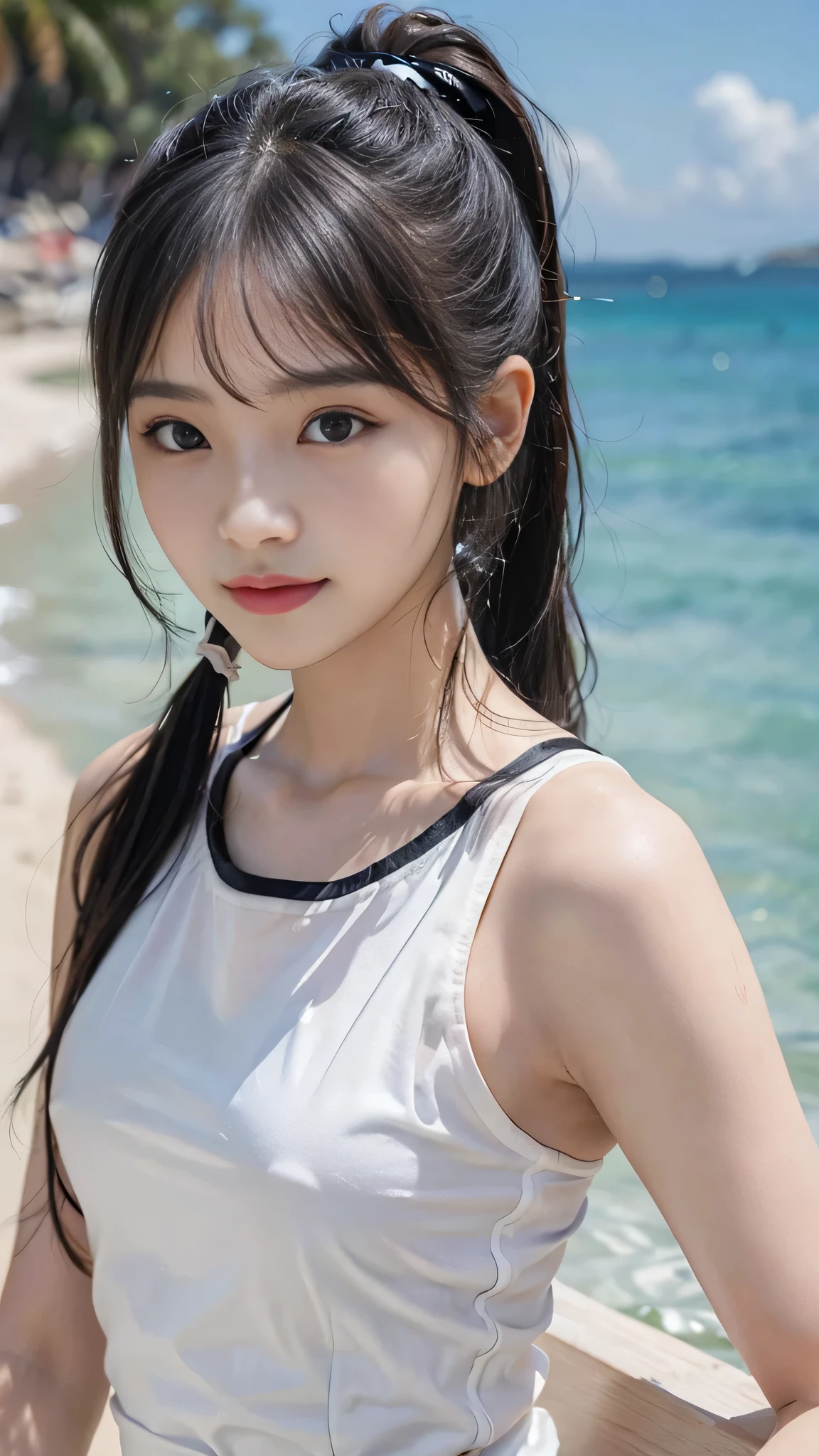 Beach,resort,white bikini,Close up face,One woman,masutepiece, The highest image quality, High quality, the background is clear,Beautiful woman, Japanese, Detailed, Detailed eyes, Detailed skin, Beautiful skin, 超hight resolution, (reality: 1.4),Very beautiful woman, Slightly younger face, Beautiful skin, slender, (Ultra photo realsisim), (hight resolution), (8K), (Very detailed) (beautifully detailed eyes), (super detailed), (Detailed face), view the viewer, Fine details, Detailed face, Staring straight ahead, Staring straight ahead, photos realistic, Bright lighting, Professional Lighting, Black hair,poneyTail,a baby face,fifteen years old,Hairstyle: ponytail,Long ponytail hairstyle,slight smile,neat and tidy clothing,Beautiful Japanese KPOP idol photo, hair style is ponytail, my eyes are double and wide, baby face, smile and look straight ahead, slender, small breasts,Close up face,