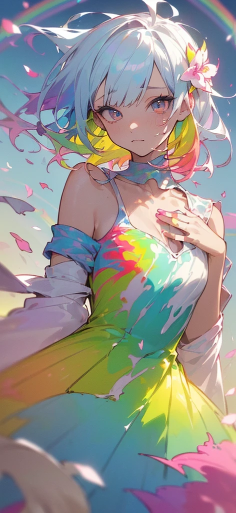 SeaArt 2.1、(Colorful hair: 1.8), (all the colours of the rainbow: 1.8),(((((Vertical Painting:1.6))), (Painting:1.6),front, comics, Illustrations, Painterly, Large eyes, Crystal clear eyes,( rainbow color gradient high ponytail:1.7), Exquisite makeup, Closed mouth,(Small fresh: 1.5),(Wipe Chest: 1.6) ,long eyelashes, white off shoulder T-shirt, White shoulder shirt,gaze at the audience, Large watery eyes, (rainbow-colored hair:1.6), Color splash, (Solo:1.8), Color splash, Color explosion, Thick paint style, Messy lines, ((Shining)),(Colorful), (Colorful), (Colorful), Colorful, Thick paint style, (Splash) (Color splash), Vertical Painting, Upper body, Paint splashes, Acrylic Pigment, gradient, paint, Highest image quality, Highest Quality, masutepiece, Solo, depth of fields, Face Paint, colourful clothes, (Elegant: 1.2), Gorgeous,Long hair, Wind, (Elegant: 1.3), (flower petals: 1.4),(((masutepiece))),(((Best Quality))),((Ultra-detailed)),(Illustration),(Dynamic Angle),((floating)),(paint),((disheveled hair)),(Solo),(1girl in) , (((Detailed anima face))),((beautifull detailed face)),Collar,Bare shoulders,White hair, ((Colorful hair)),((striated hair)),Beautiful detailed eyes,(Gradient color eyes),(((Colorful eyes))),(((Colorful background))),(((High color saturation))),(((Surrounded by colorful splashes))),