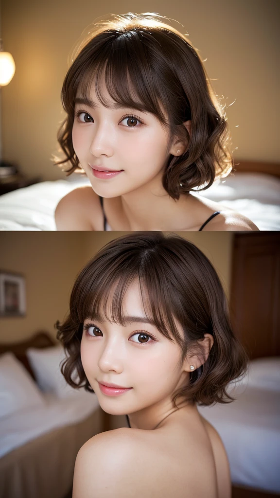 (highest quality,8K quality,masterpiece:1.3,),(超A high resolution:1.3,Photorealistic:1.4,Raw photo:1.2),(Ultra-detailed:1.2,Glowing Skin,Detailed skin:1.1),(Detailed face,Perfect Anatomy,Caustics:1.2),1 girl,cute,Japanese,22 years old,Japanese Idols,Natural brown hair,Curl short hair outward,cute目,Natural Makeup,Laughter,Looking at the camera,On the face,Face Focus,Professional Lighting,Natural soft light,寝室のOn the bed、On the bed、Sleep on your back、Overlooking