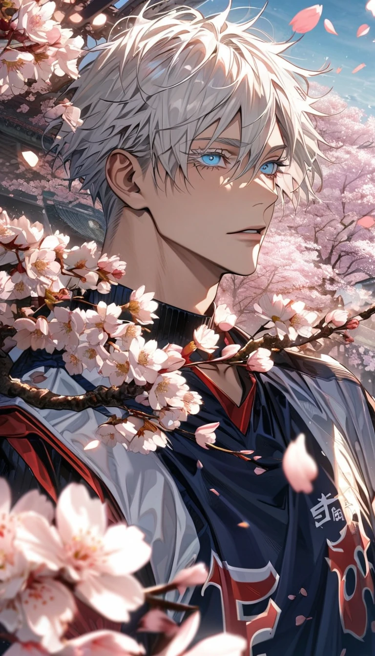 Ultra detailed, Highres, HDR, absurdres, Gojo Satoru, white hair with bangs, hair between the eyes, expressive blue eyes, white eyelashes, patterns, Jujutsu Kaisen, sexy man, handsome, solo, extremely detailed face and eyes, petals, blossoms, spring, master piece, basketball uniform, cherry blossoms